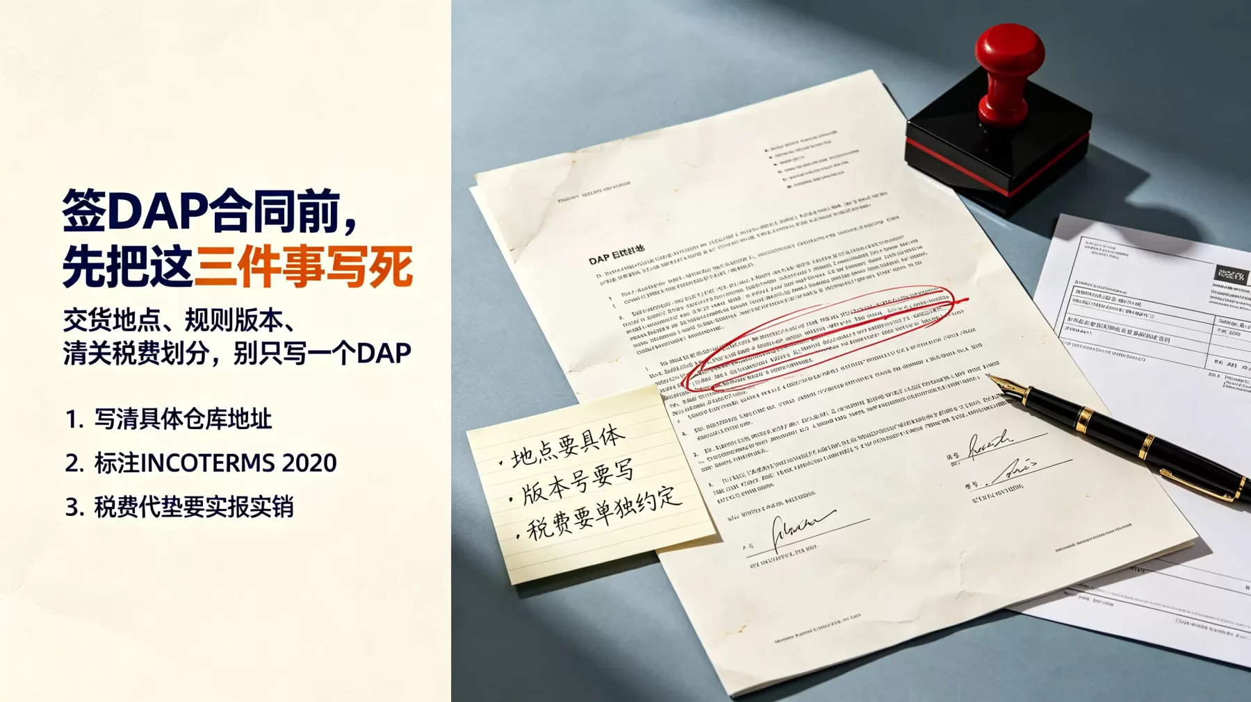 签 DAP 合同时,交货地点、规则版本、税费划分不能只写大概