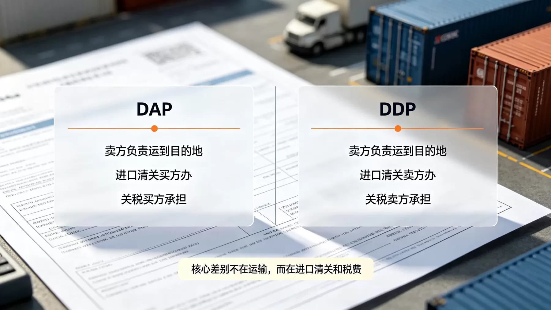 DAP 和 DDP 的核心差别不是运输,而是进口清关和税费由谁承担