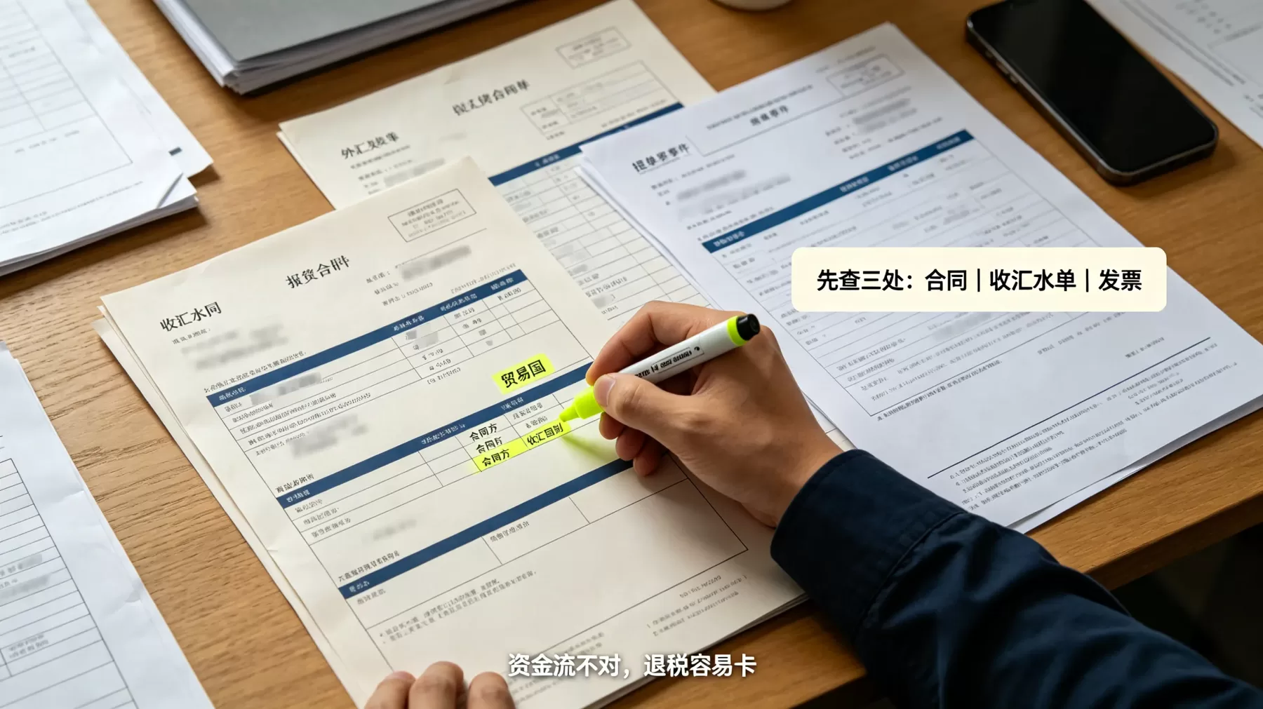 发现贸易国报错后,先把合同、收汇水单、发票放在一起核对,别只看报关单