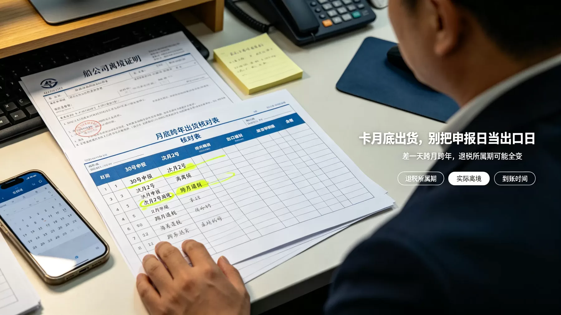 月底、年底出货尤其要注意,别把申报日期当出口日期。差一天跨月跨年,退税所属期可能全变。