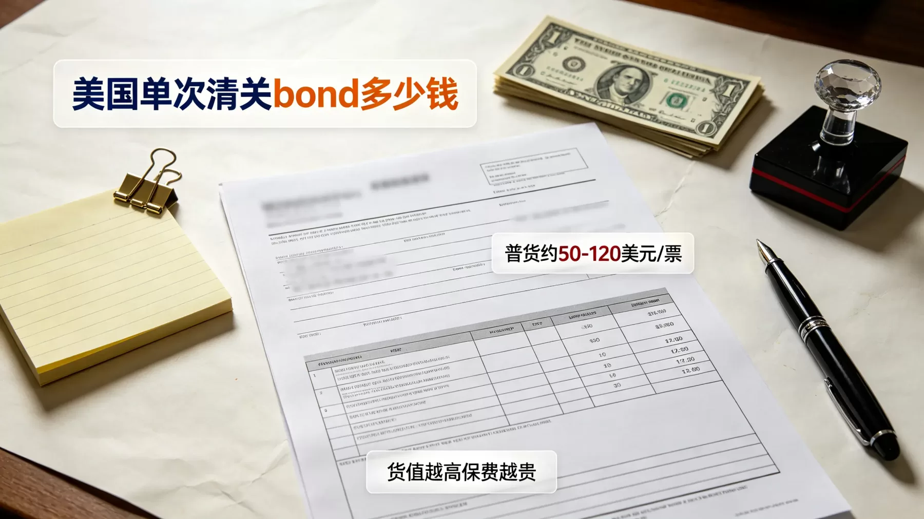单次 bond 按票计费,普货常见区间约 50-120 美元 / 票