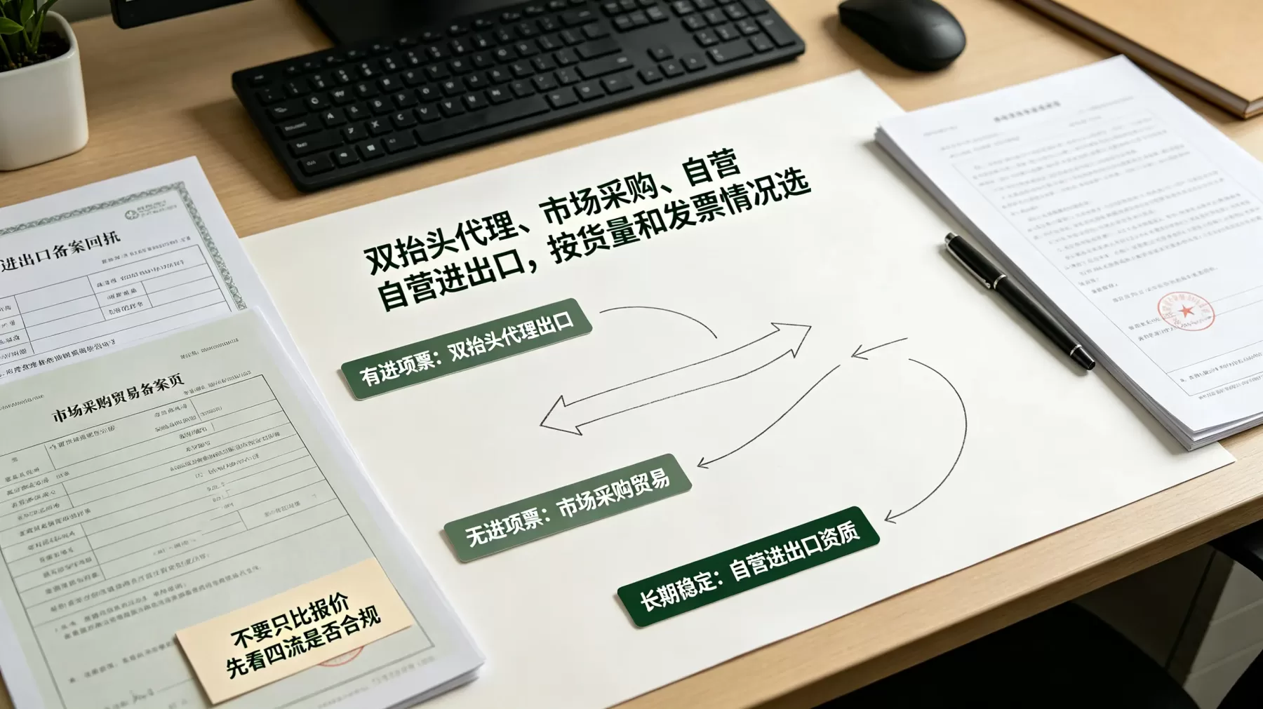 没有绝对最好的方案,关键看货量、进项票、收汇方式和长期出口计划
