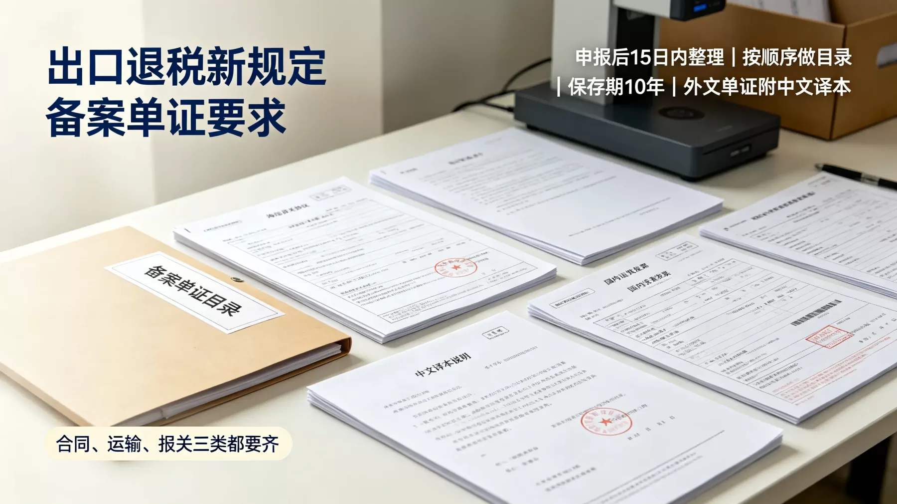 出口退税新规定要求备案单证保存期 10 年,合同、运输、报关三类单证都要整理齐全