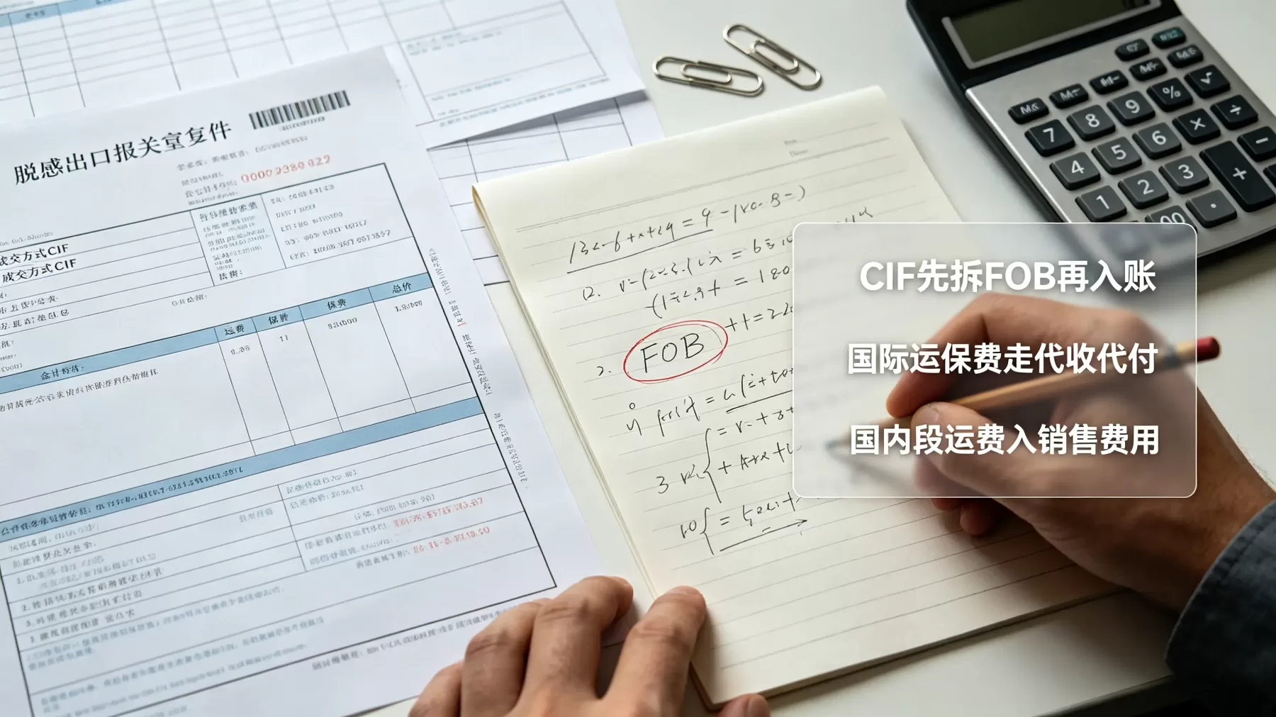 CIF 成交方式下,国际运保费通常按代收代付处理,关键是先拆分 FOB 价再确认收入