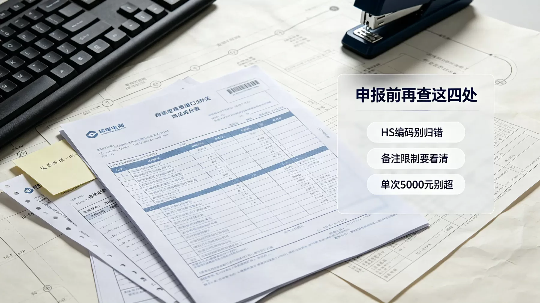 申报前重点核对 HS 编码、备注限制、成分合规和单次交易限值,差一点都可能退单