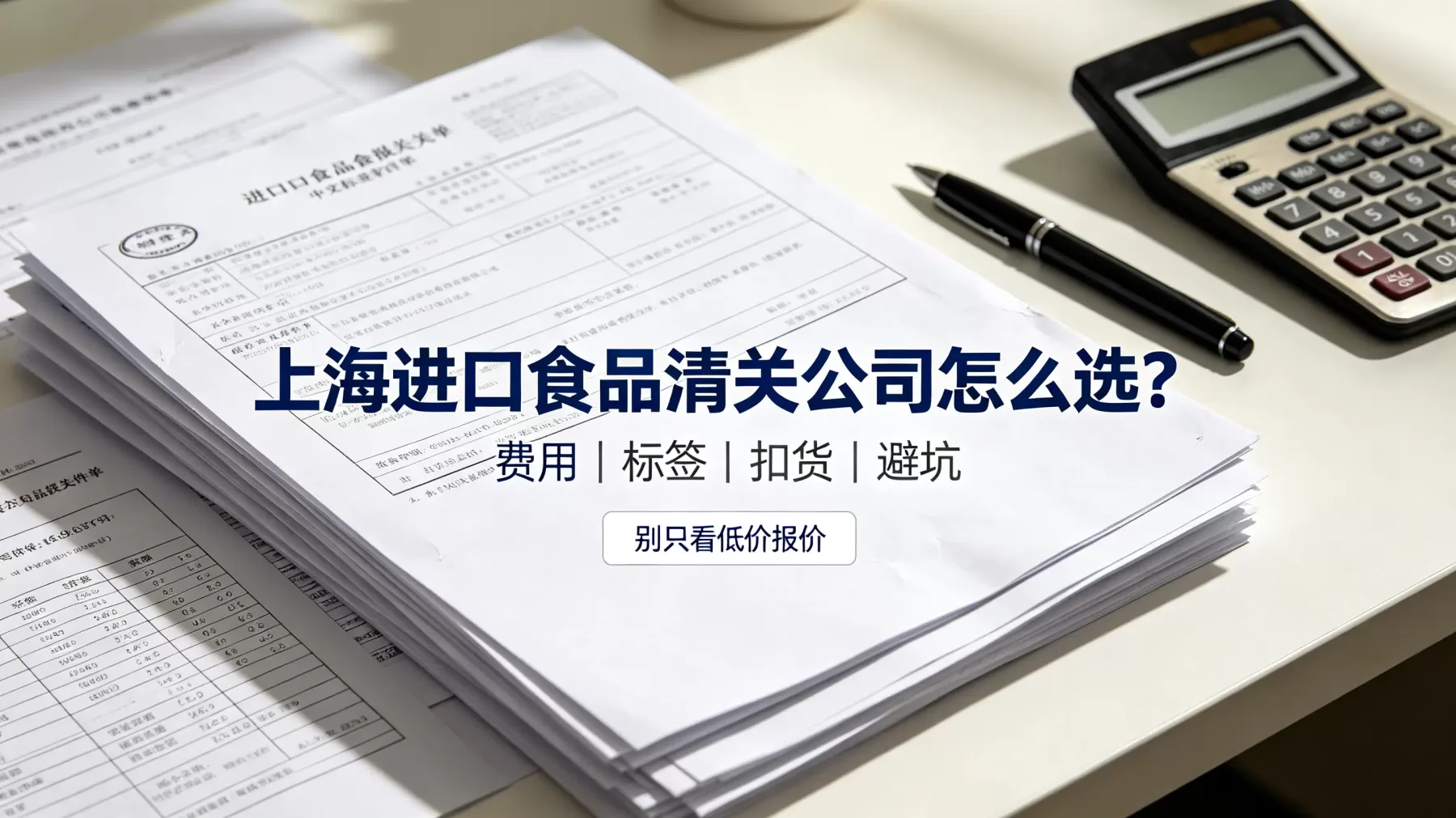 找上海进口食品清关公司,别一上来只比低价,先看费用、标签、扣货和责任划分 上海进口食品清关公司怎么选,报关单证桌面实拍封面