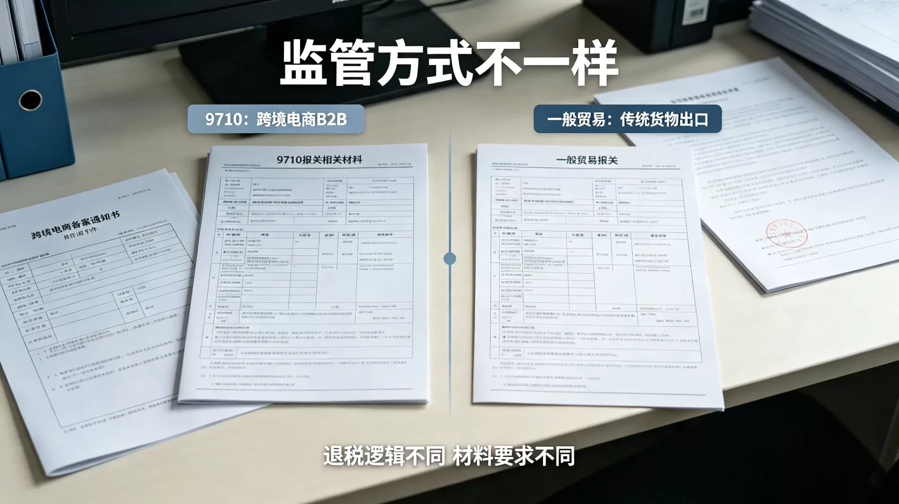 9710 对应跨境电商 B2B 出口,一般贸易对应传统货物出口,两者监管方式不同 9710 报关和一般贸易报关监管方式对比图