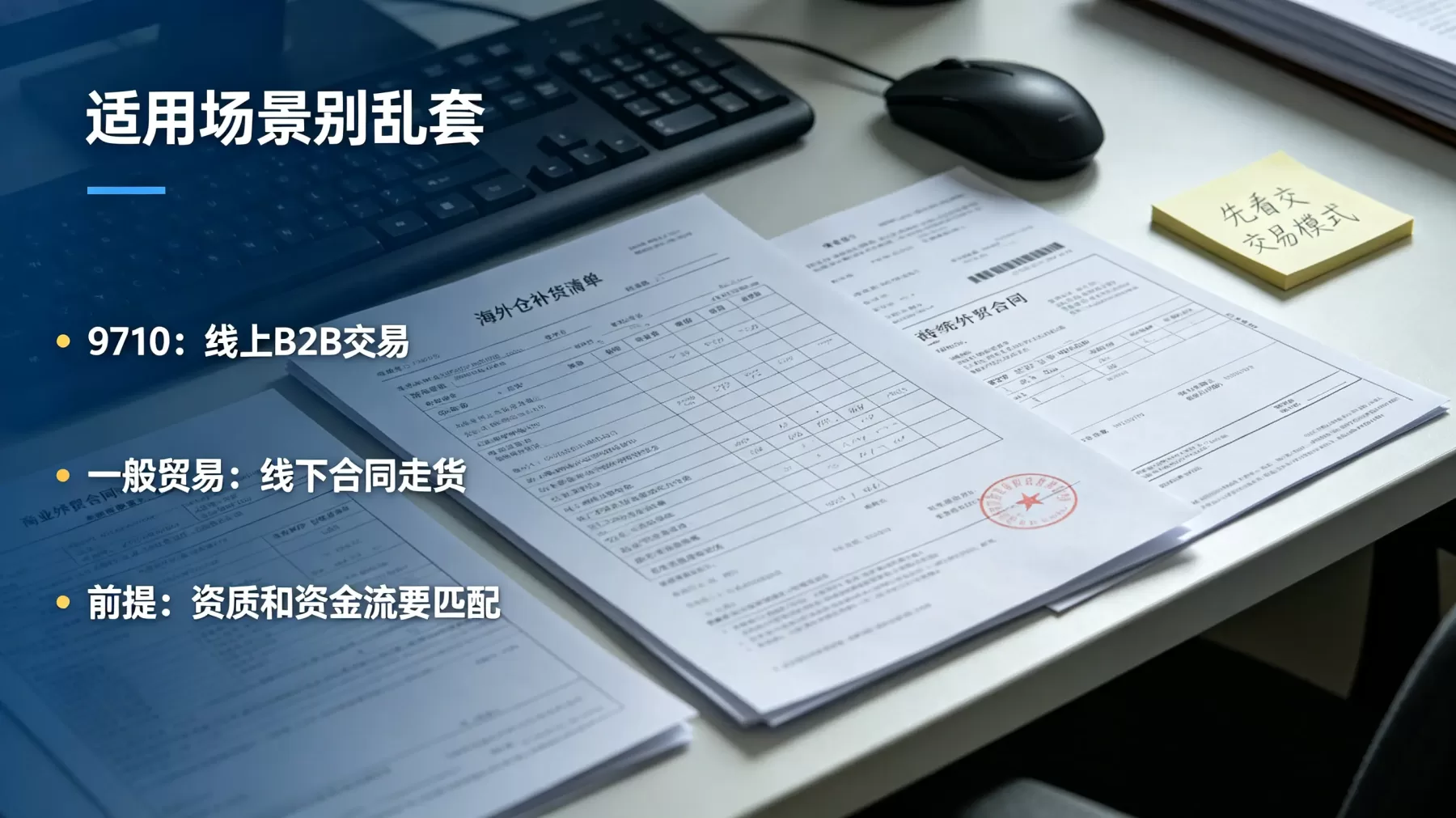 选 9710 还是一般贸易,先看交易模式、跨境电商资质和资金流是否匹配 9710 报关和一般贸易报关适用场景判断图