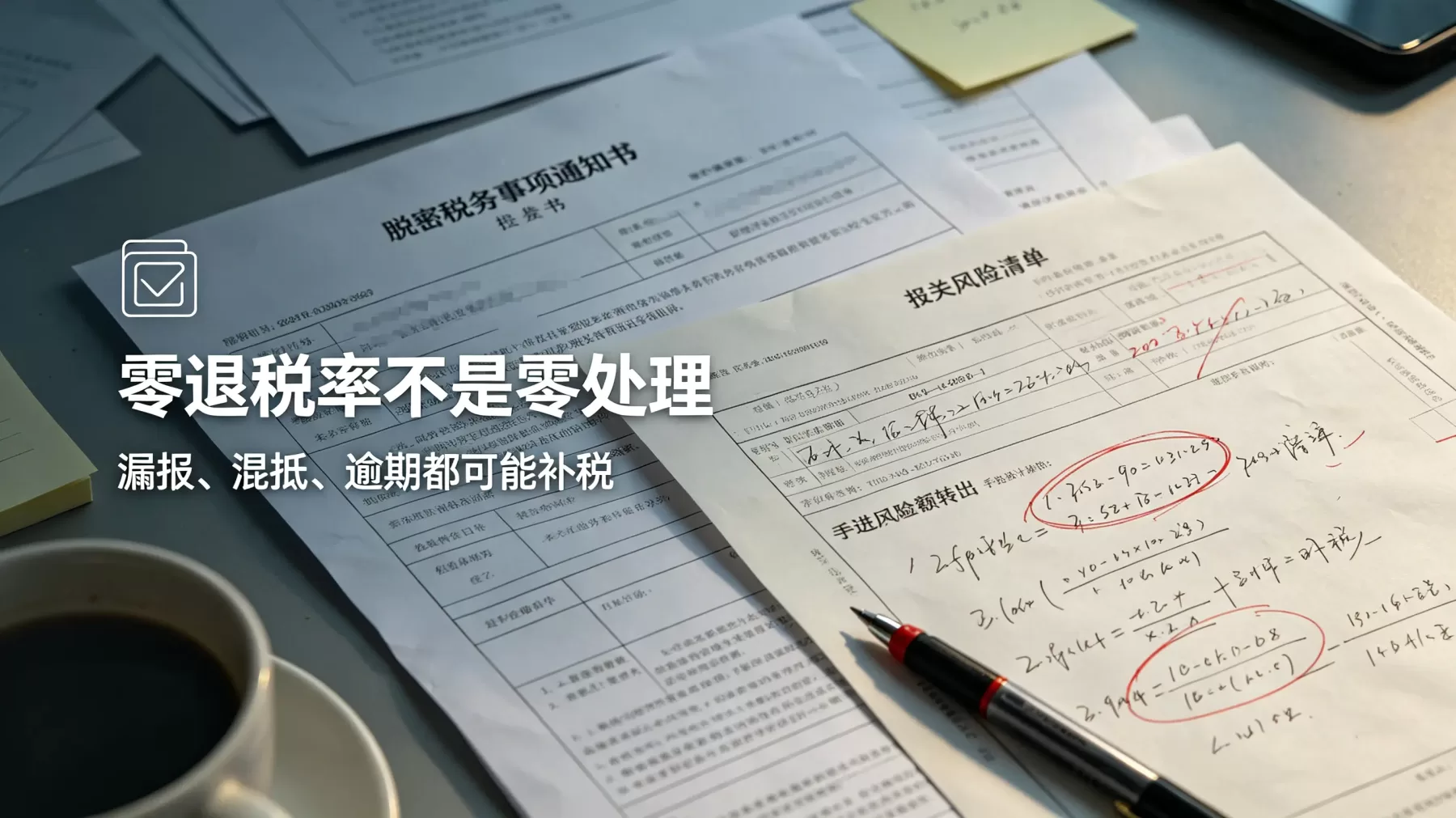 零退税率不是零处理,漏报、混抵、逾期都可能引发补税和滞纳金 出口退税率零补税风险提醒实拍图