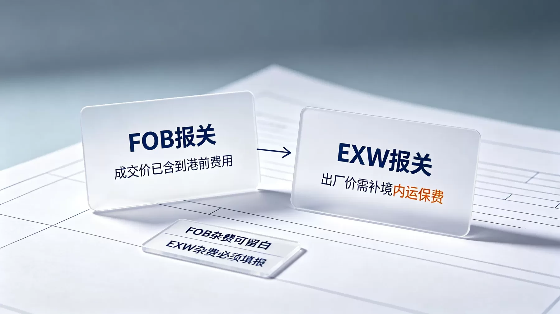 FOB 成交价通常已包含到港前费用,EXW 出厂价则需要通过杂费栏补报 EXW 和 FOB 报关杂费申报区别,出口成交方式对比示意