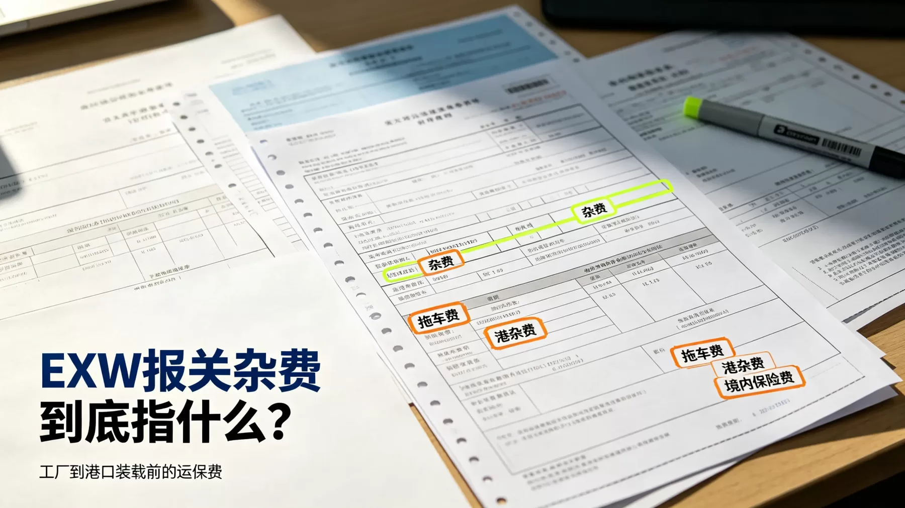 EXW 报关杂费主要包括工厂到港口装载前的拖车费、港杂费和境内保险费 EXW 报关杂费构成,境内运输费港杂费保险费申报示意