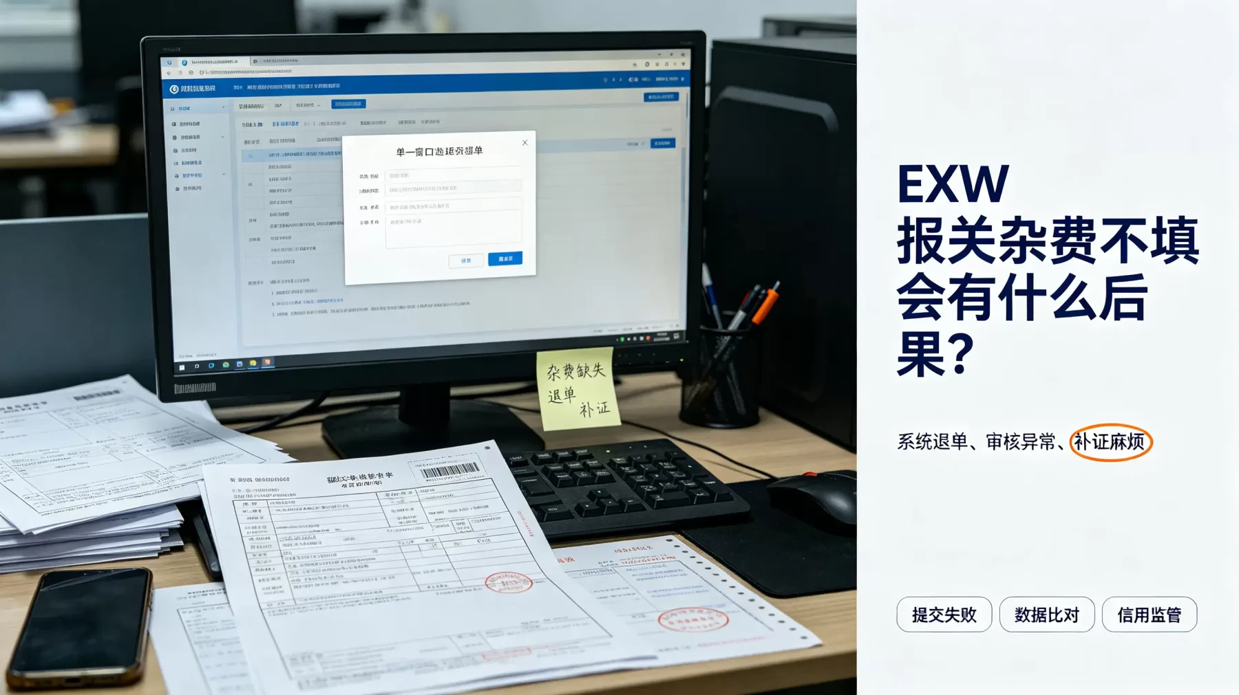 EXW 报关杂费不填不只是提交失败,后续还可能触发数据比对、补证和信用监管 EXW 报关杂费漏报后果,报关单审核异常系统退单示意
