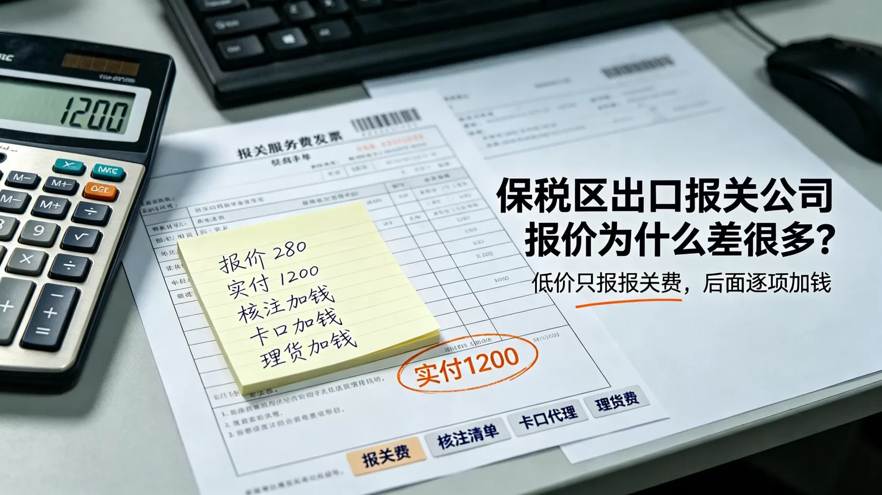 报价低不一定更划算,要确认是否包含报关费、核注清单、卡口代理和理货费用 保税区出口报关公司收费标准差价陷阱示意
