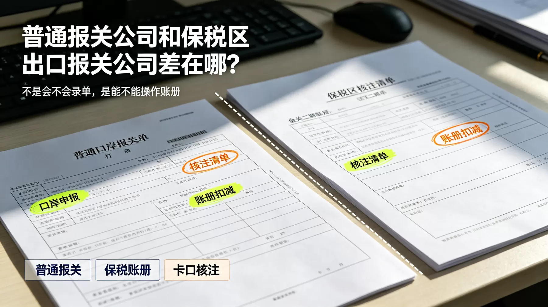 普通报关和保税区报关的差别,主要在保税账册、核注清单和卡口放行链路 普通报关公司和保税区出口报关公司区别示意