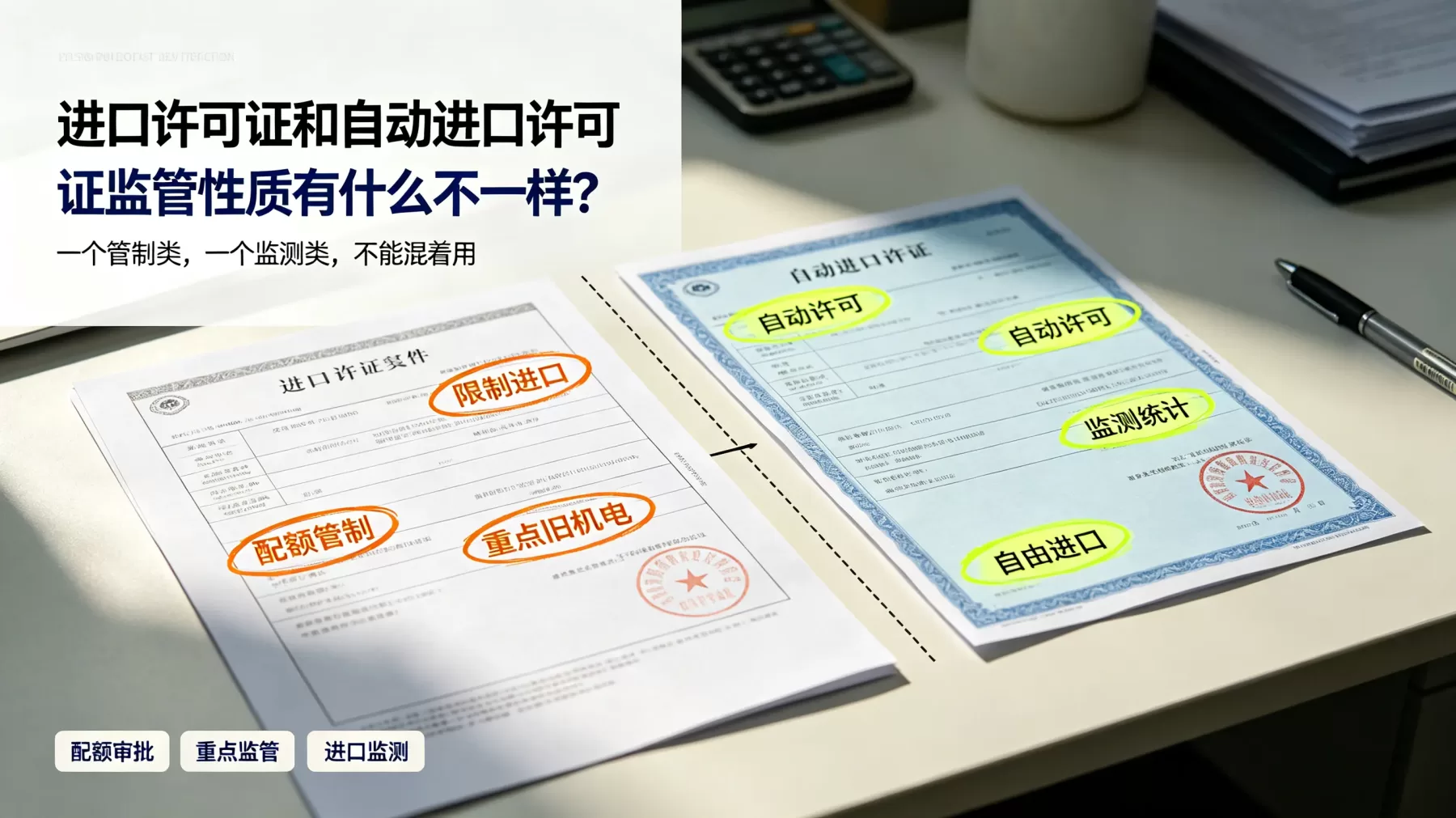 进口许可证多用于限制进口、配额管理和重点监管货物,自动进口许可证更多用于进口监测统计 进口许可证和自动进口许可证监管性质区别示意