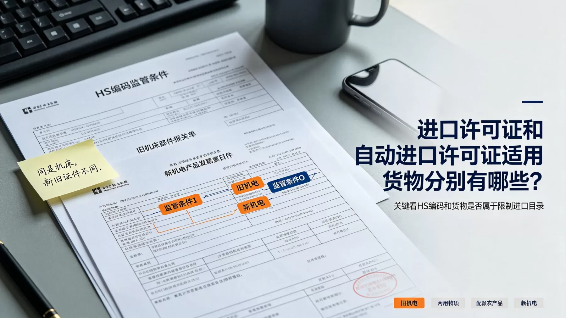 判断办哪种证,先查 HS 编码对应的监管条件,旧机电、两用物项、配额货物尤其要注意 进口许可证和自动进口许可证适用货物 HS 编码监管条件示意