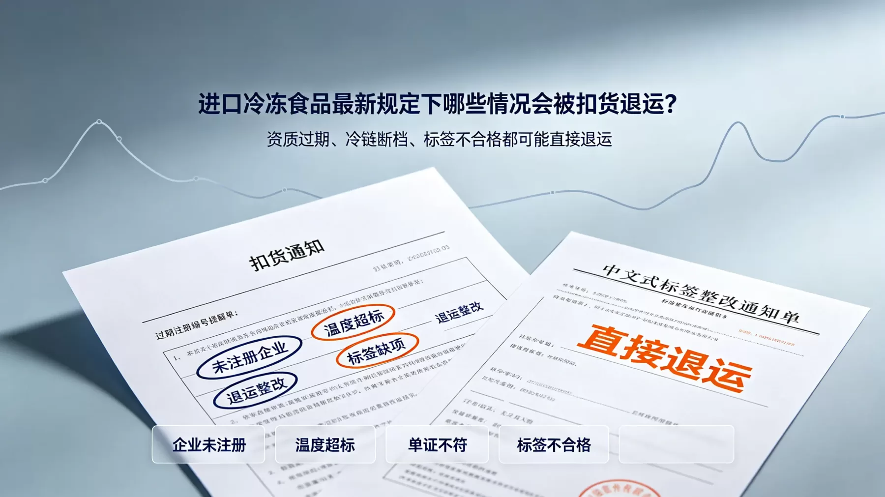 境外企业未注册、冷链温度超标、单证不符、标签不合格,是进口冷冻食品被扣货退运的常见原因 进口冷冻食品扣货退运原因,资质温度标签不合格示意