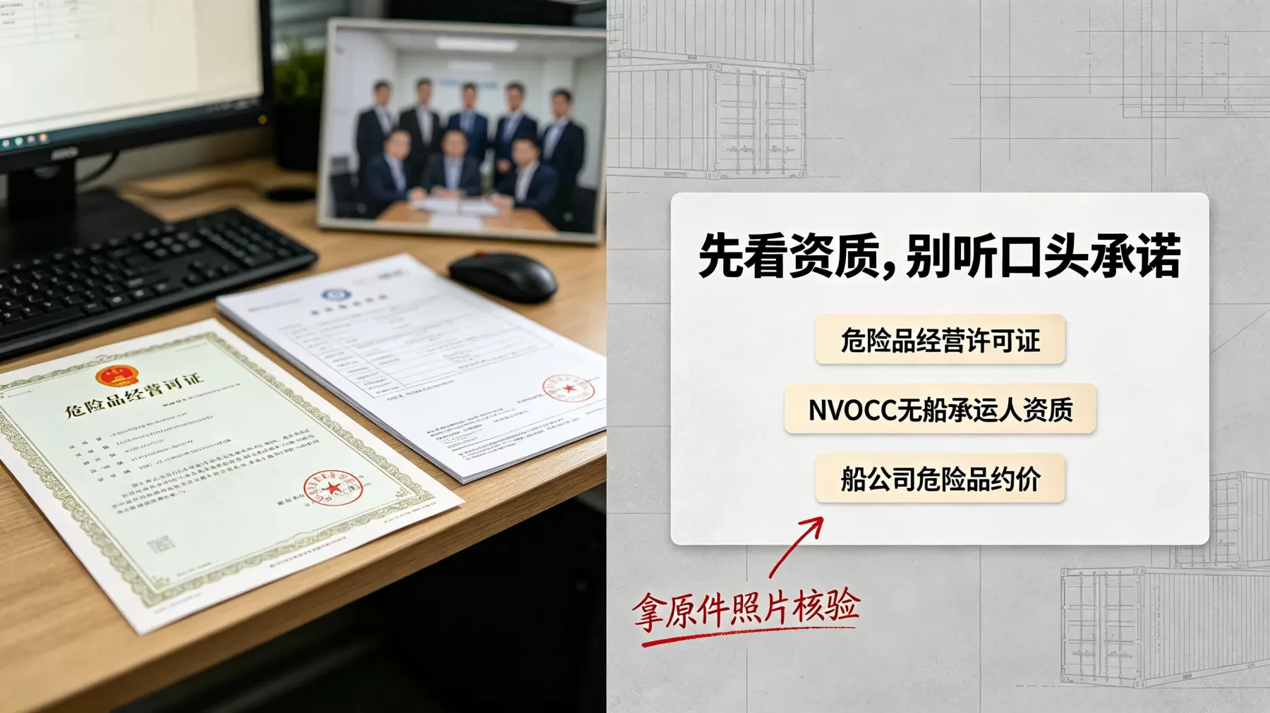 危险品出口货代公司资质核验示意图,含危险品经营许可证、NVOCC、船公司约价 先核验危险品经营许可证、NVOCC 资质和船公司约价,比口头承诺更重要
