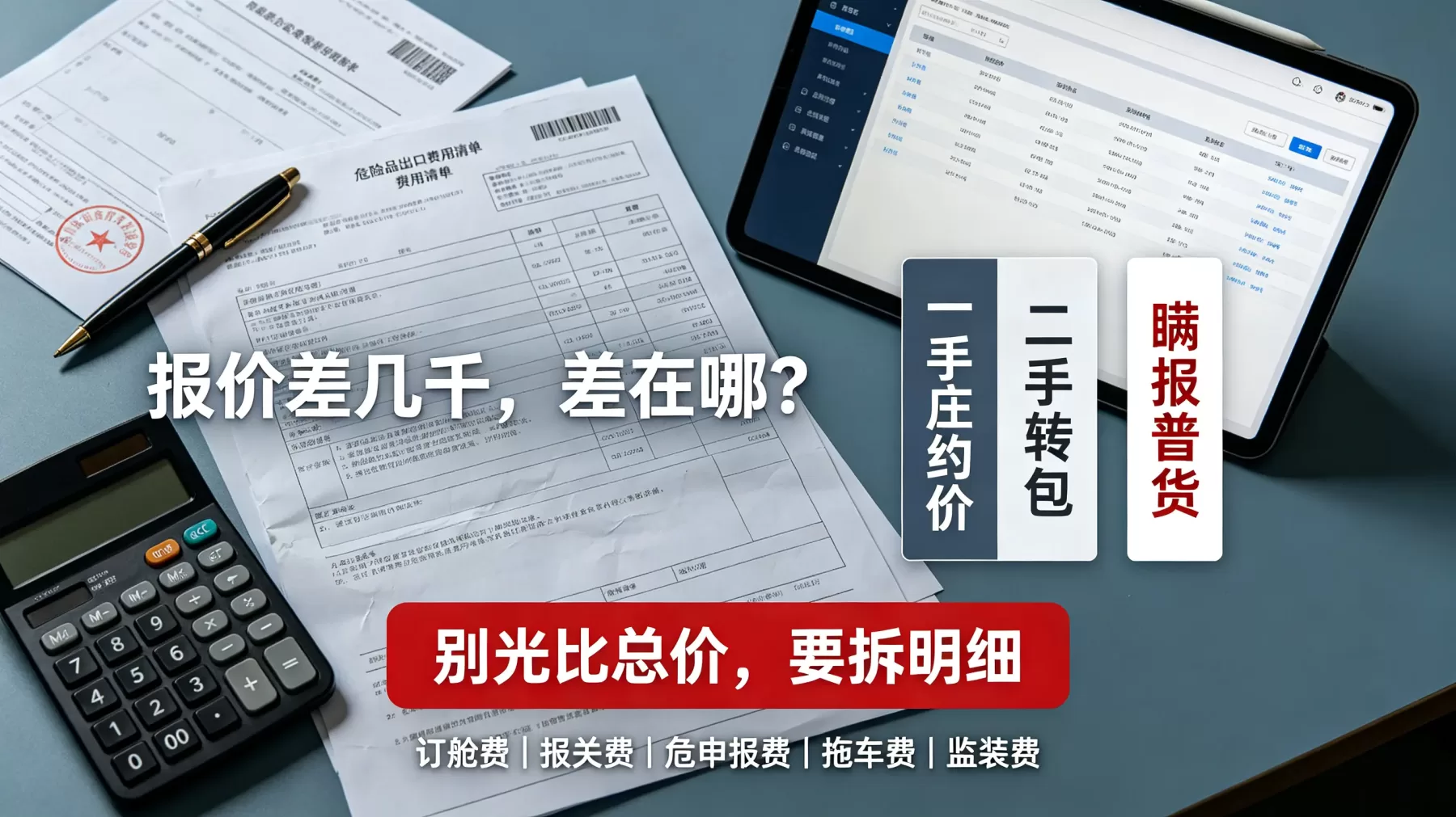 危险品出口货代公司收费对比图,含订舱费、报关费、危申报费、拖车费、监装费 报价差几千很正常,但要拆明细,别把低价误当成性价比