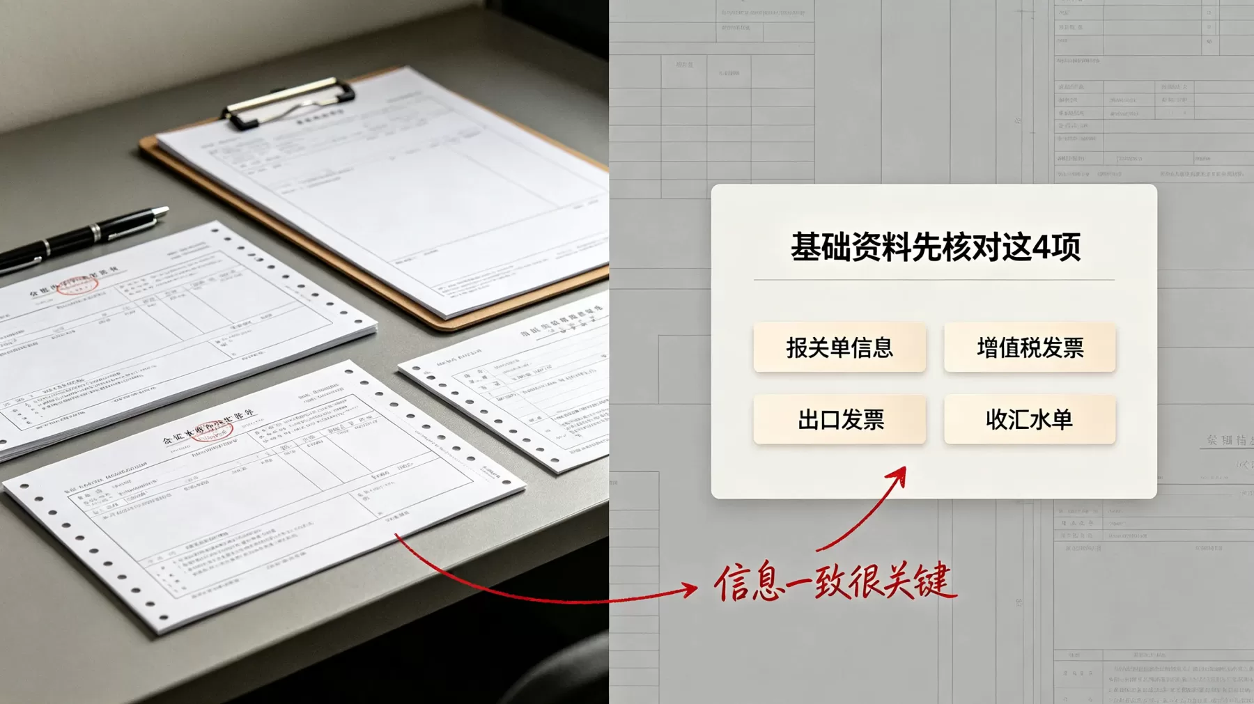 基础资料先核四项，报关单信息、增值税发票、出口发票、收汇水单都要对上