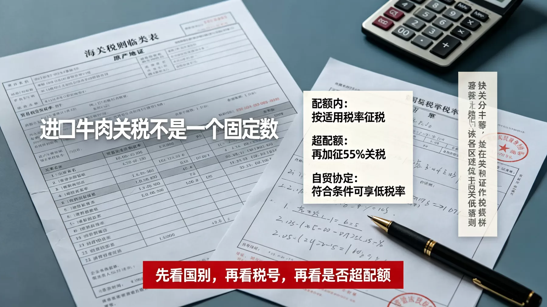 进口牛肉关税要看原产国、税号、贸易协定和配额状态，自贸税率低不等于一定不加征