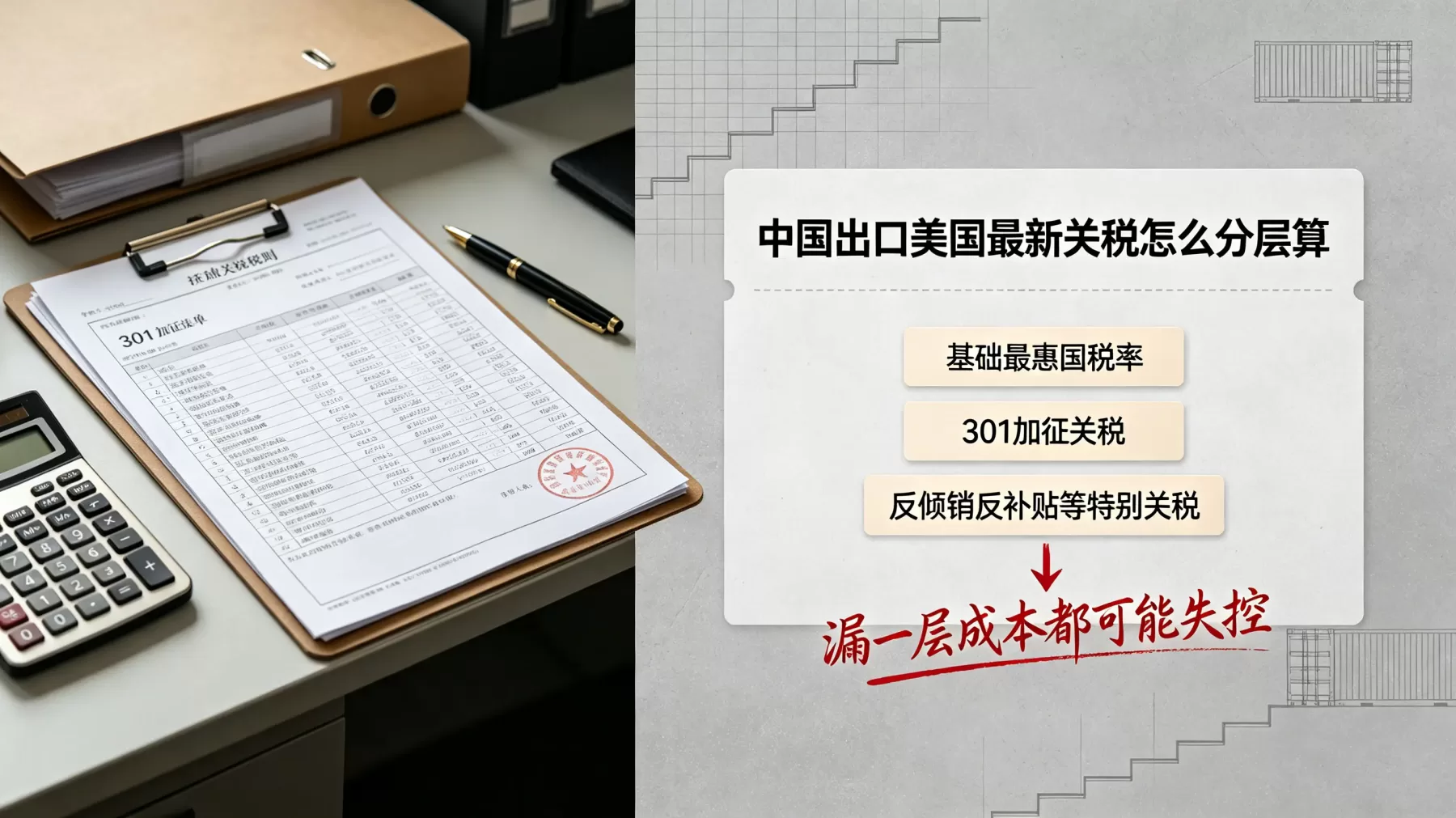 中国出口美国最新关税结构图,展示基础最惠国税率、301 加征关税、反倾销反补贴税 中国出口美国最新关税通常分三层,基础税、301 加征税、特别关税,漏算一层都可能亏单