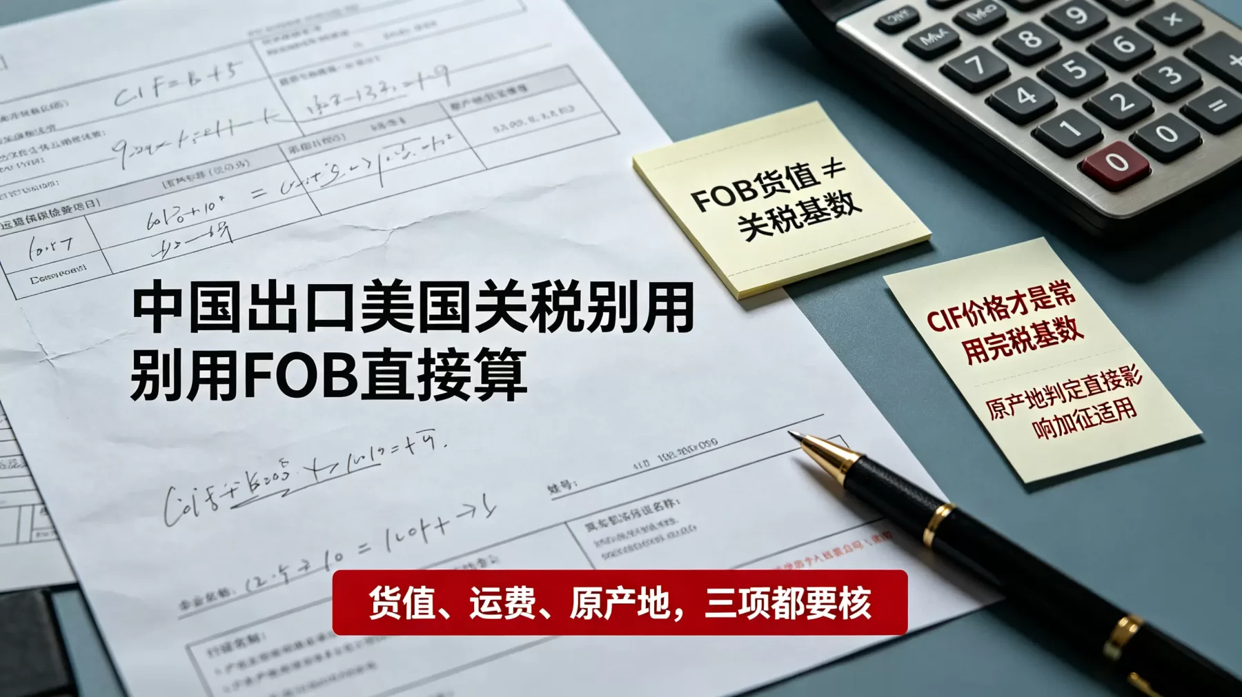 中国出口美国关税计算图,对比 FOB 货值、CIF 完税价格和原产地判定 中国出口美国关税常用 CIF 价格作为完税基数,原产地判定也会直接影响加征是否适用