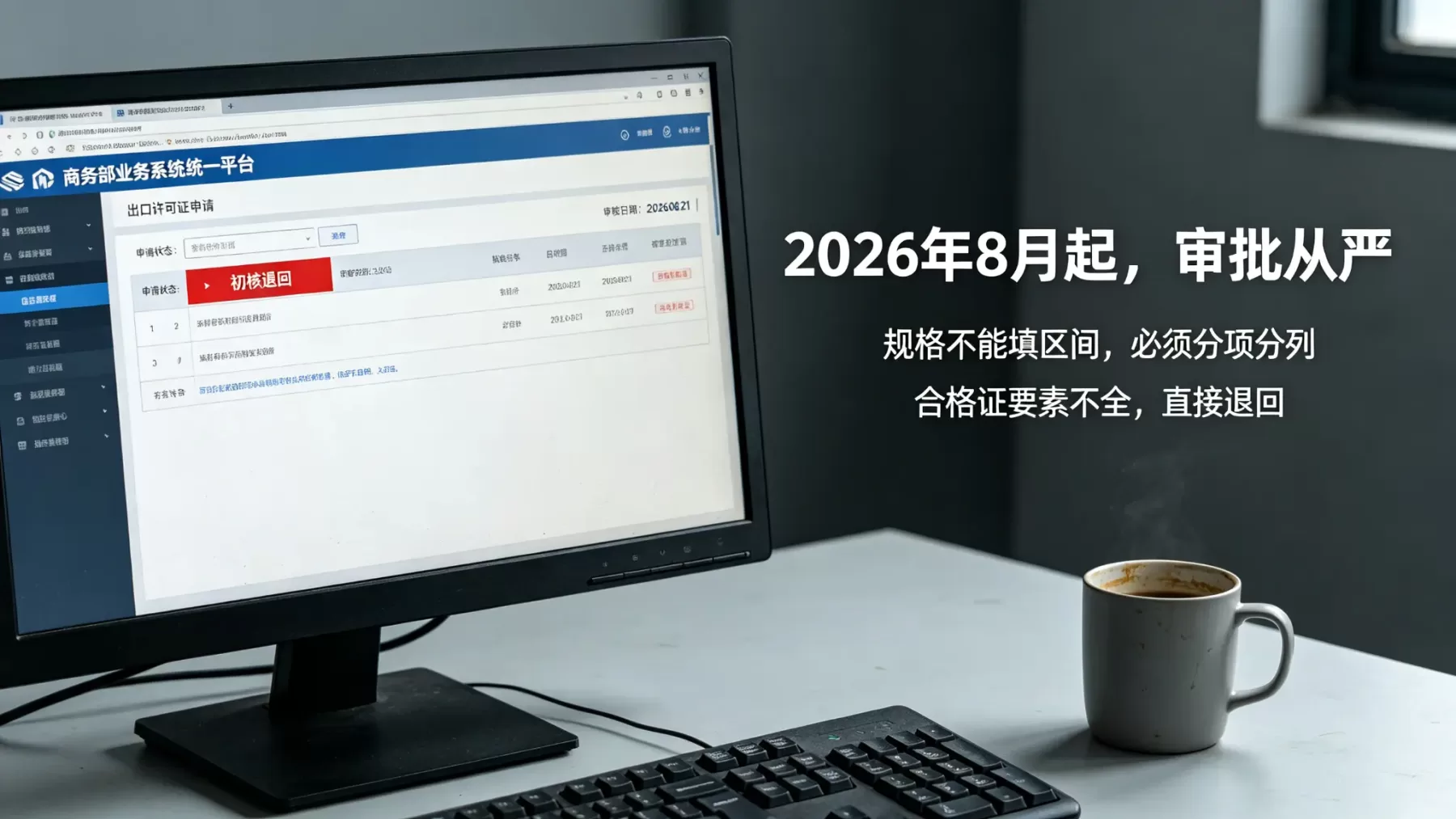 钢铁出口许可证 2026 年 8 月起审批从严,规格不能填区间、合格证要素不全直接退回 钢铁出口许可证 2026 年 8 月审批从严通知示意图