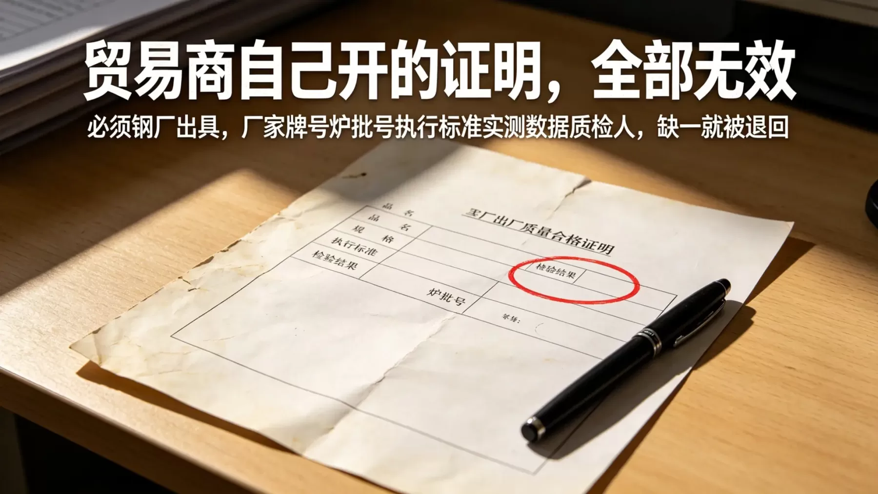 钢铁出口许可证办理最大的卡点 —— 质量合格证明,贸易商自己开的一律无效,必须钢厂出具且要素齐全 钢铁出口许可证质量合格证明要求示意图