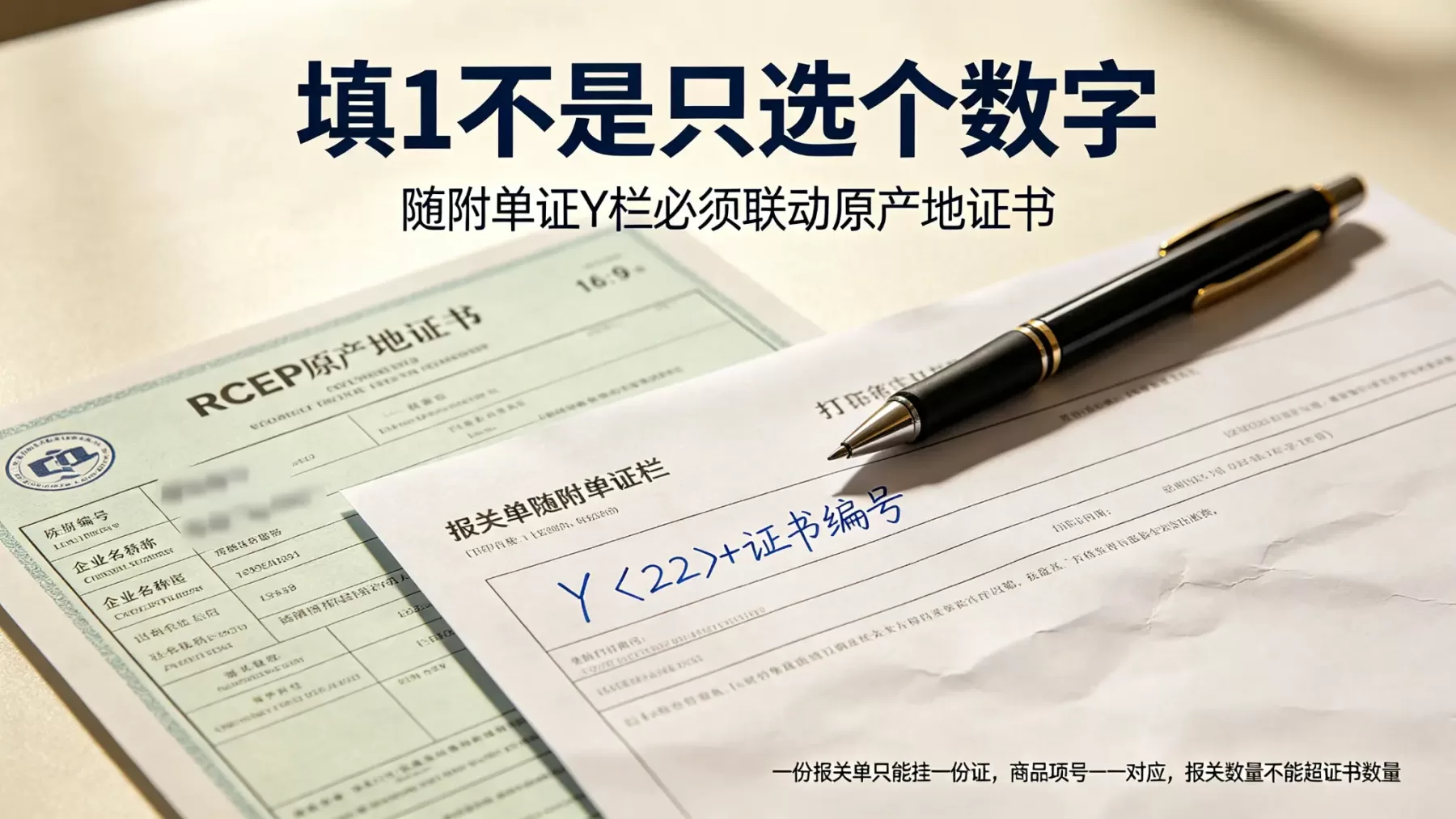 报关单出口享惠情况填 1 与原产地证书随附单证 Y 栏联动示意图，RCEP 原产地证实拍