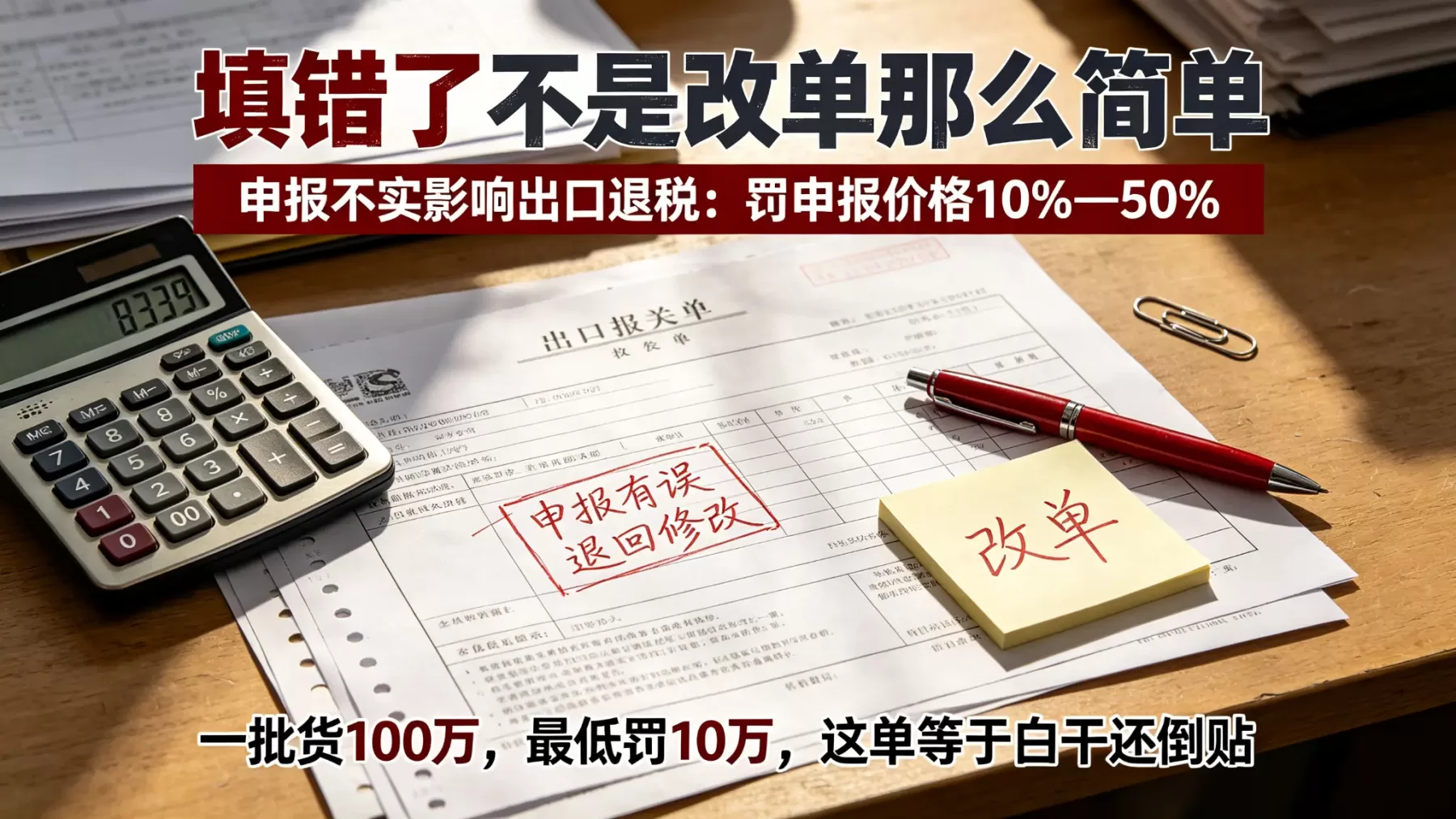 报关单出口享惠情况填错后果说明图，退单报关单与计算器实拍场景