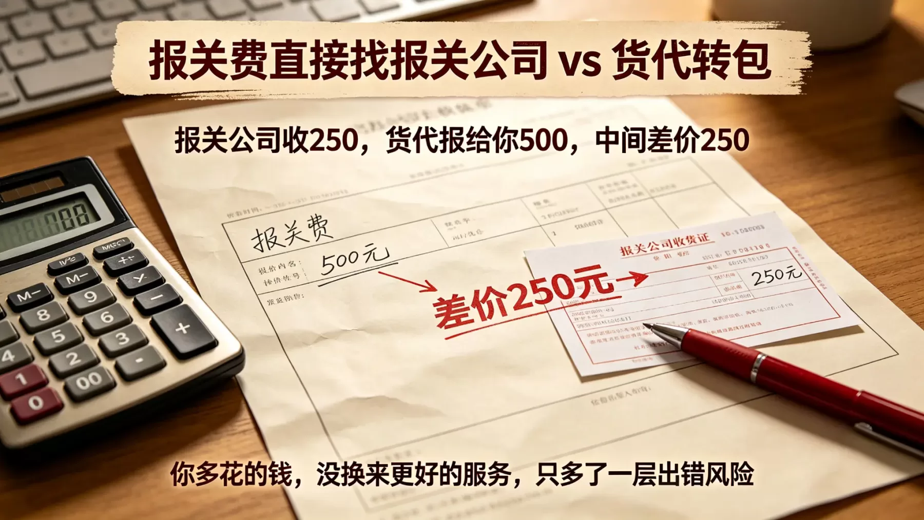 报关公司和货代公司的区别之报关费差价对比图，报价单与收费凭证实拍