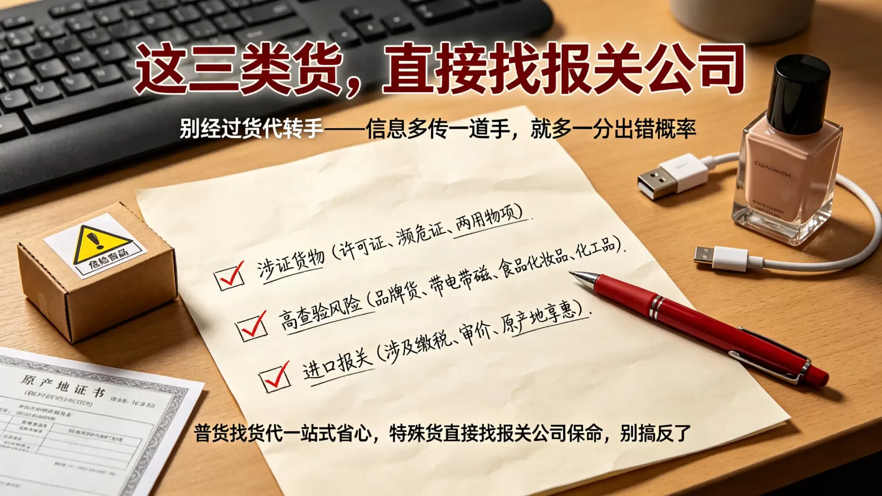报关公司和货代公司的区别之选品判断图，手写分类清单与货物样品实拍