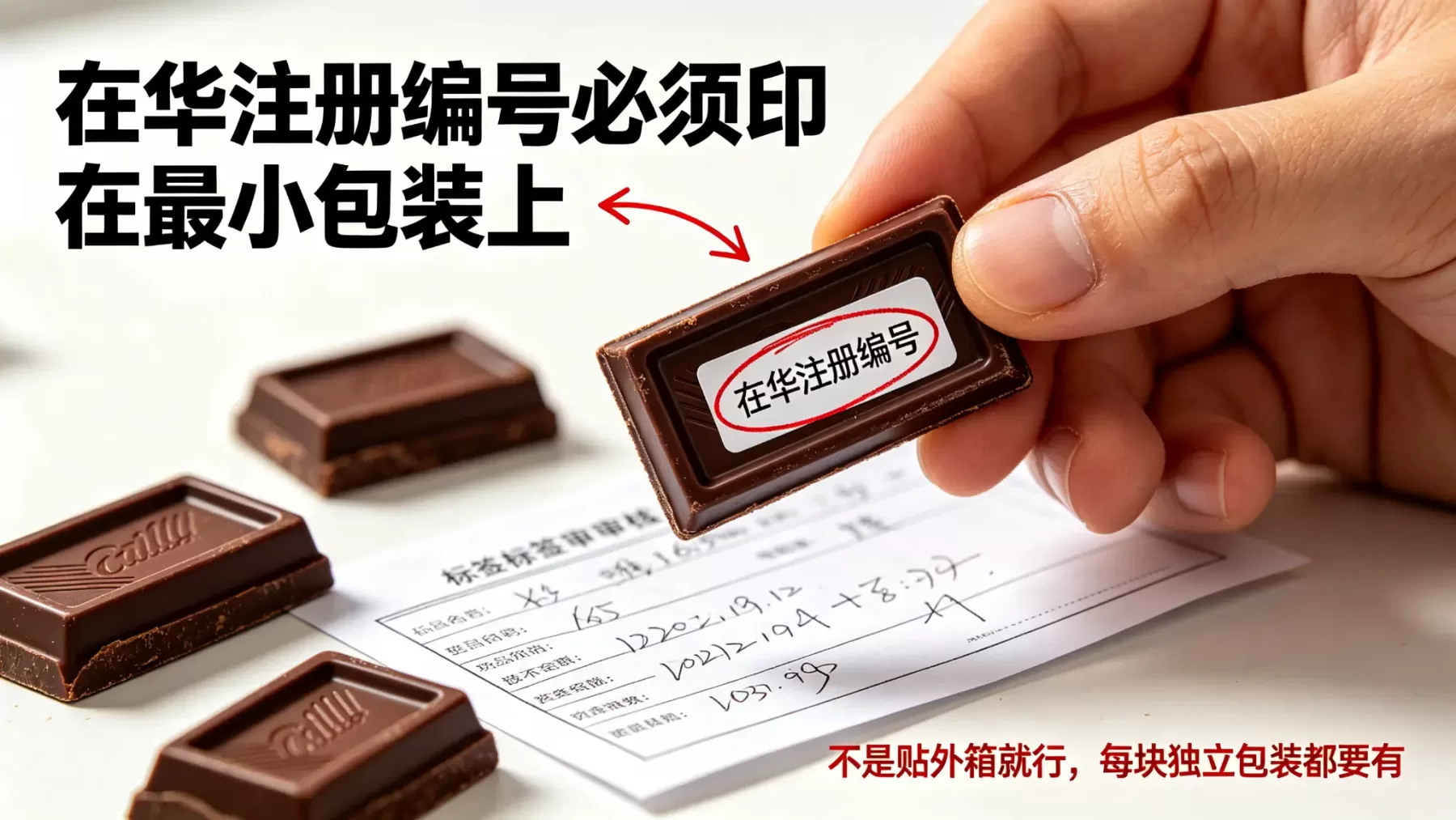 进口巧克力清关公司在华注册编号标注示意图，巧克力最小独立包装上的在华注册编号特写