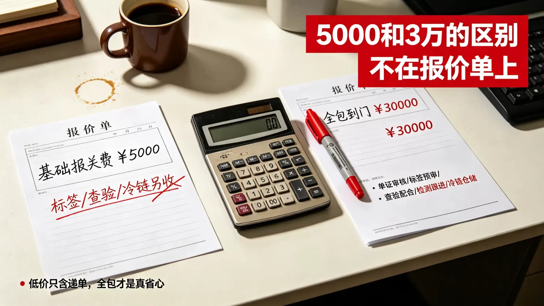 进口巧克力清关公司收费对比图，5000 元基础报关费与 30000 元全包价报价单对比