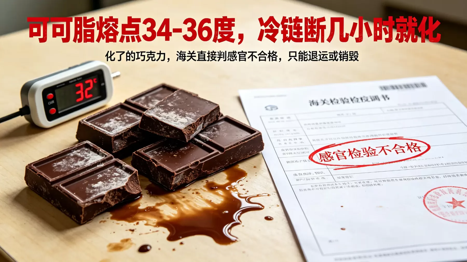 进口巧克力清关公司冷链断链后果图，融化变形巧克力与海关感官检验不合格通知书