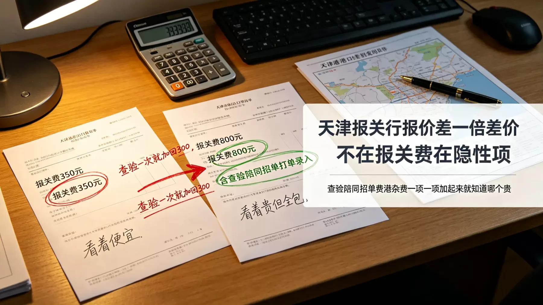 天津报关行报价差一倍,差价不在报关费本身,在查验陪同、换单费这些隐性项 天津报关行收费标准对比,报价差一倍隐性费用
