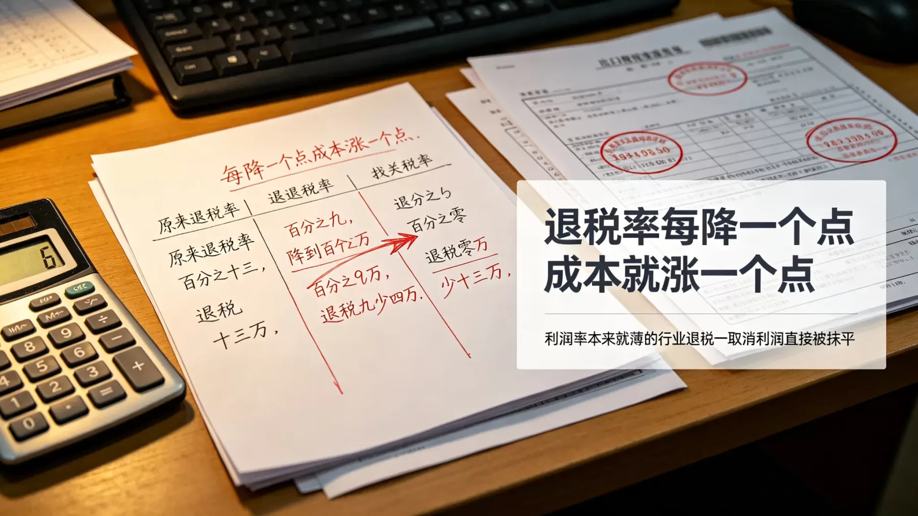 退税率每降一个点成本就涨一个点,利润率薄的行业退税一取消利润直接被抹平 出口退税率下调利润计算,每降一个点成本涨一个点