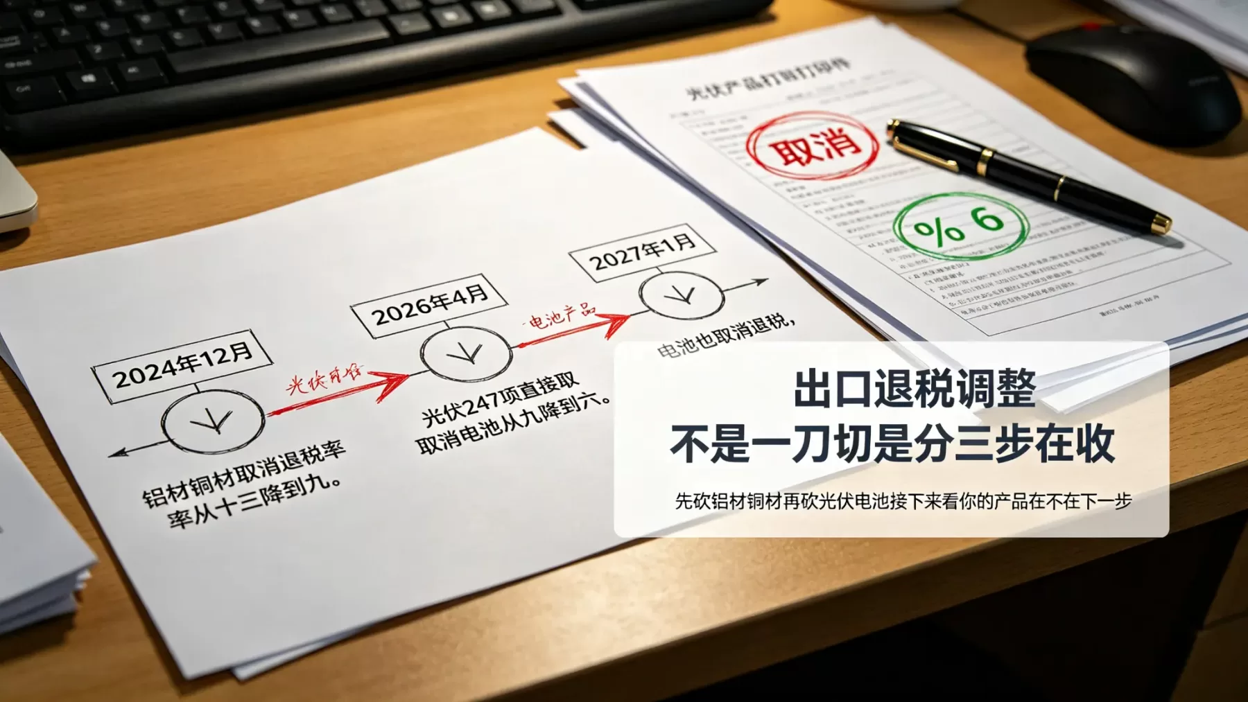 出口退税调整不是一刀切,是分三步在收紧,先砍铝材铜材、再砍光伏、电池过渡期后 2027 年也取消 出口退税调整时间轴,2024铝材铜材到2026光伏电池