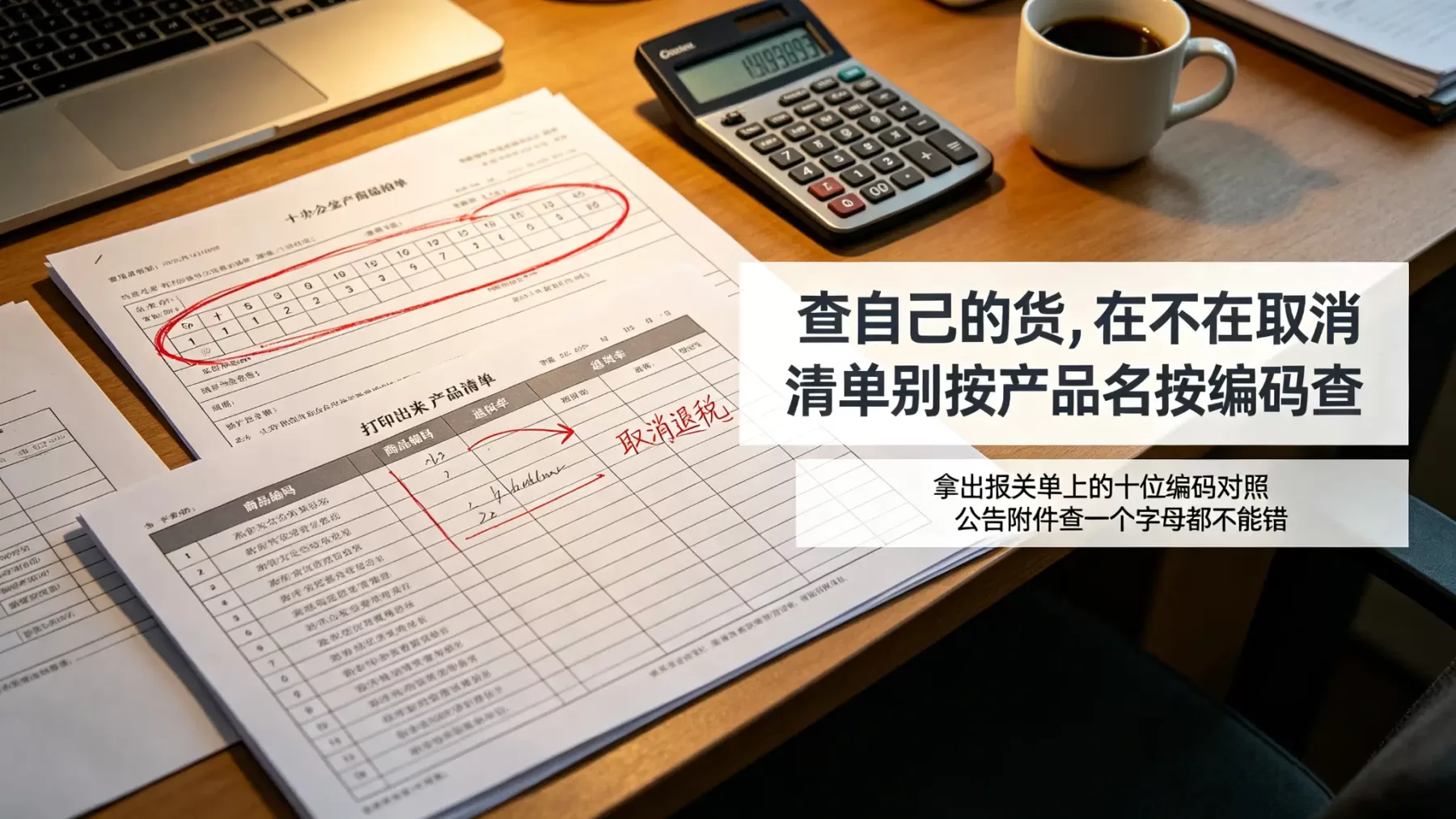 查自己的货在不在取消清单,别按产品名按 HS 编码查,拿出报关单上的十位编码对照公告附件 出口退税调整产品清单查询,HS编码对照报关单