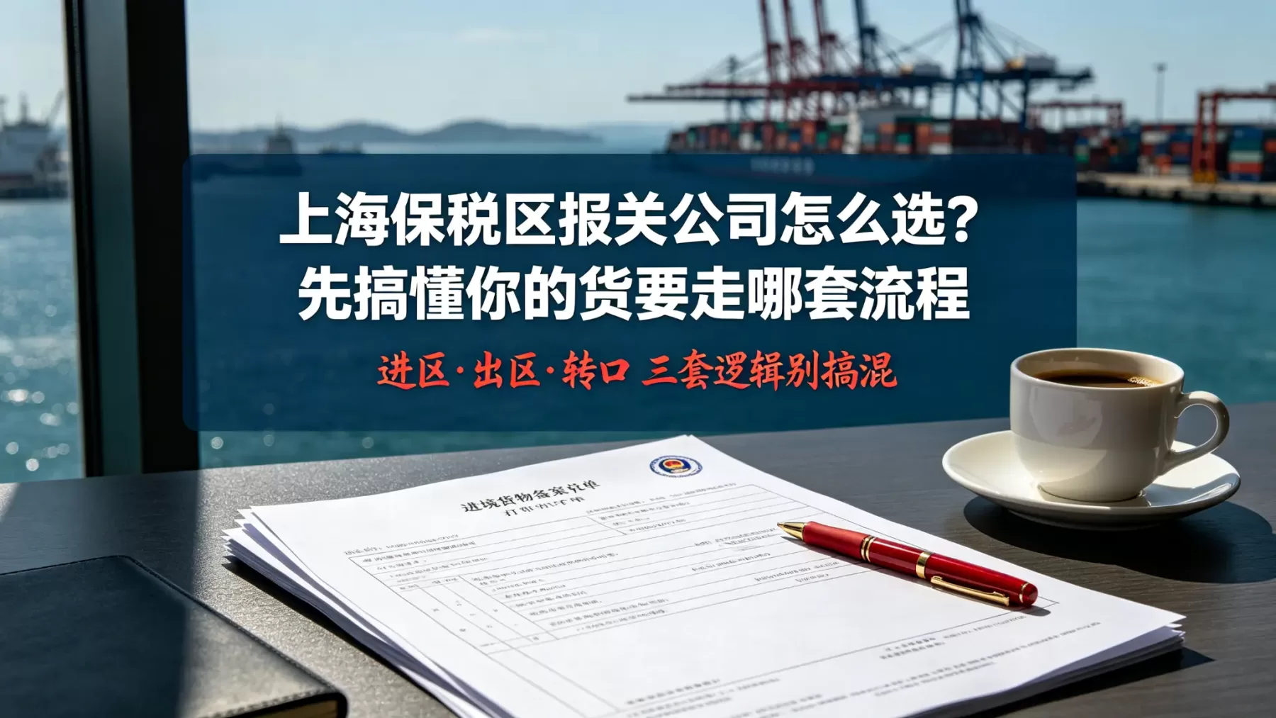 上海保税区报关公司怎么选?先搞懂你的货要走哪套流程 上海保税区报关公司选择指南封面,办公桌面备案清单与港口集装箱实拍