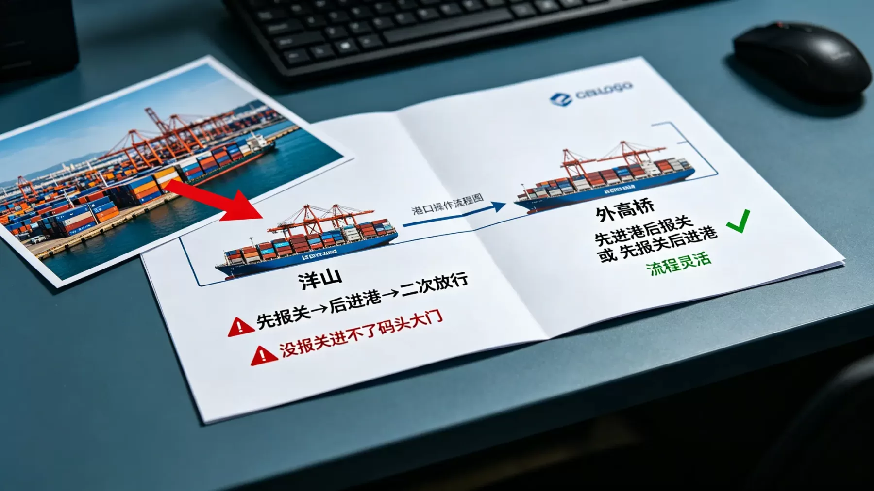 洋山没报关柜子根本进不了码头大门,按外高桥流程操作一来一回多花几千拖车费 洋山与外高桥保税区报关流程对比图,先报关后进港与先进港后报关对照
