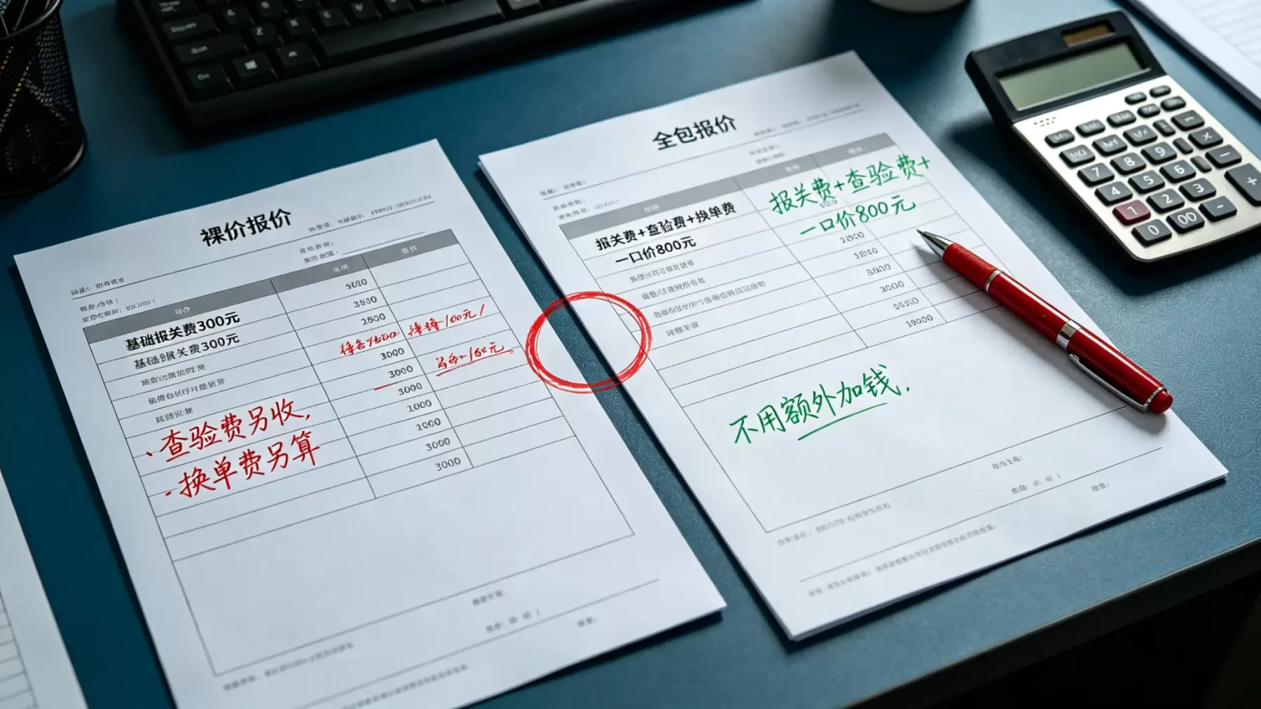 同样一票货,裸价 300 查验另收,全包价 800 一口价,别光看总价要看明细 上海保税区报关公司裸价与全包报价单对比实拍
