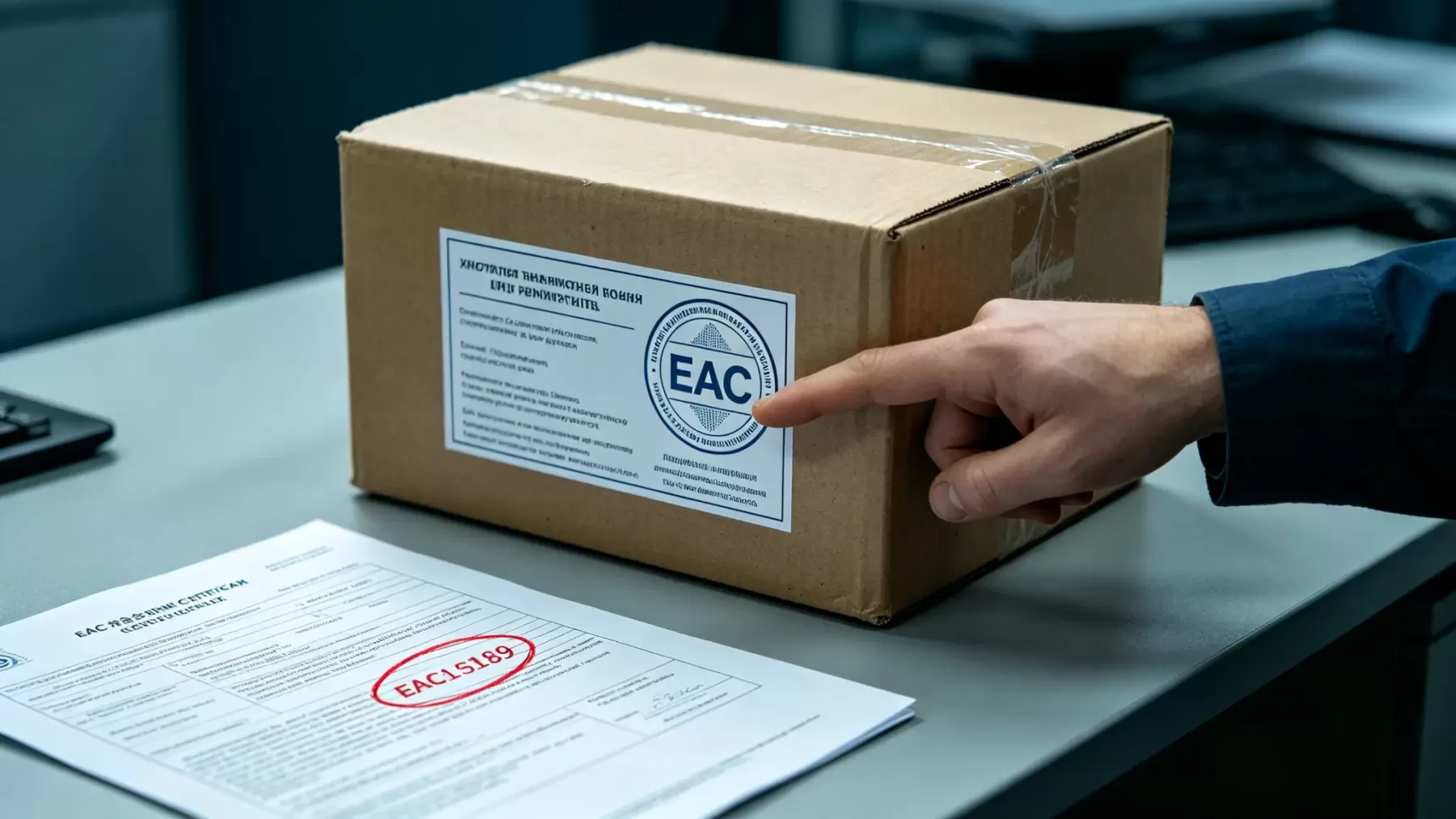 EAC 标志必须国内发运前贴好,铁路在途不能开箱补贴,到俄方口岸没标签直接延误 中欧班列俄罗斯清关 EAC 认证标签特写,纸箱俄文标签与 EAC 符合性证书