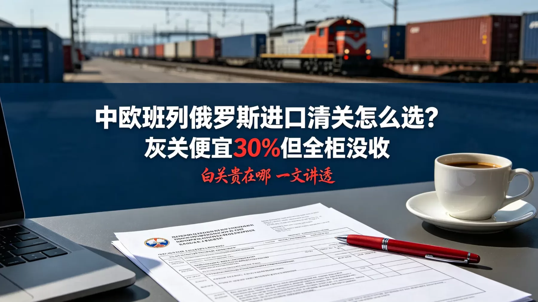 中欧班列俄罗斯进口清关怎么选?灰关便宜 30% 但全柜没收,白关贵在哪 中欧班列俄罗斯进口清关选择指南封面,办公桌面中俄双语清关单据与中欧班列火车实拍