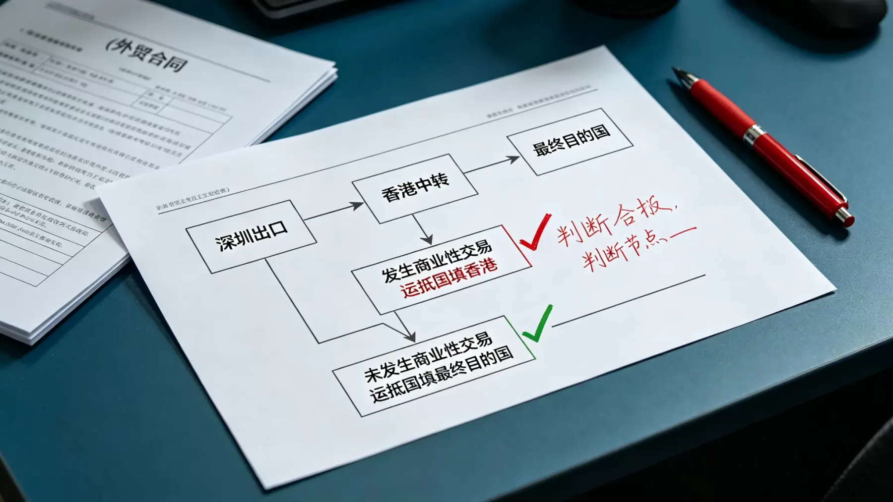 在香港发生商业性交易运抵国填香港,没发生就填最终目的国,判断标准就看货权转没转 报关单运抵国填写判断流程图,香港中转货权转移两种情况分支对比