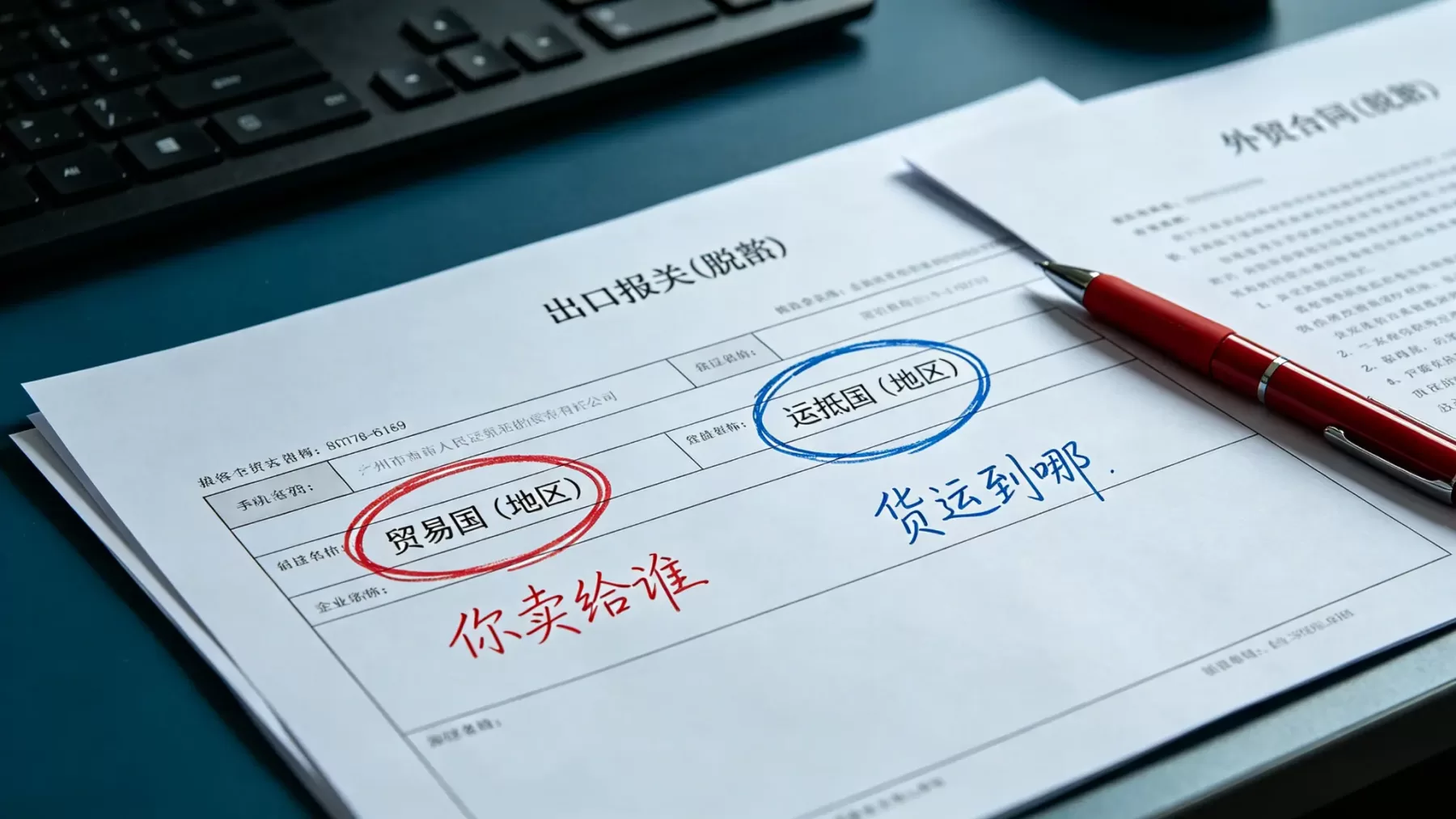 - 贸易国是你卖给谁,运抵国是货运到哪,两个不一样本身不是错,逻辑得说通 出口报关单贸易国与运抵国栏目标注对比,红圈蓝圈分别标注两个栏目