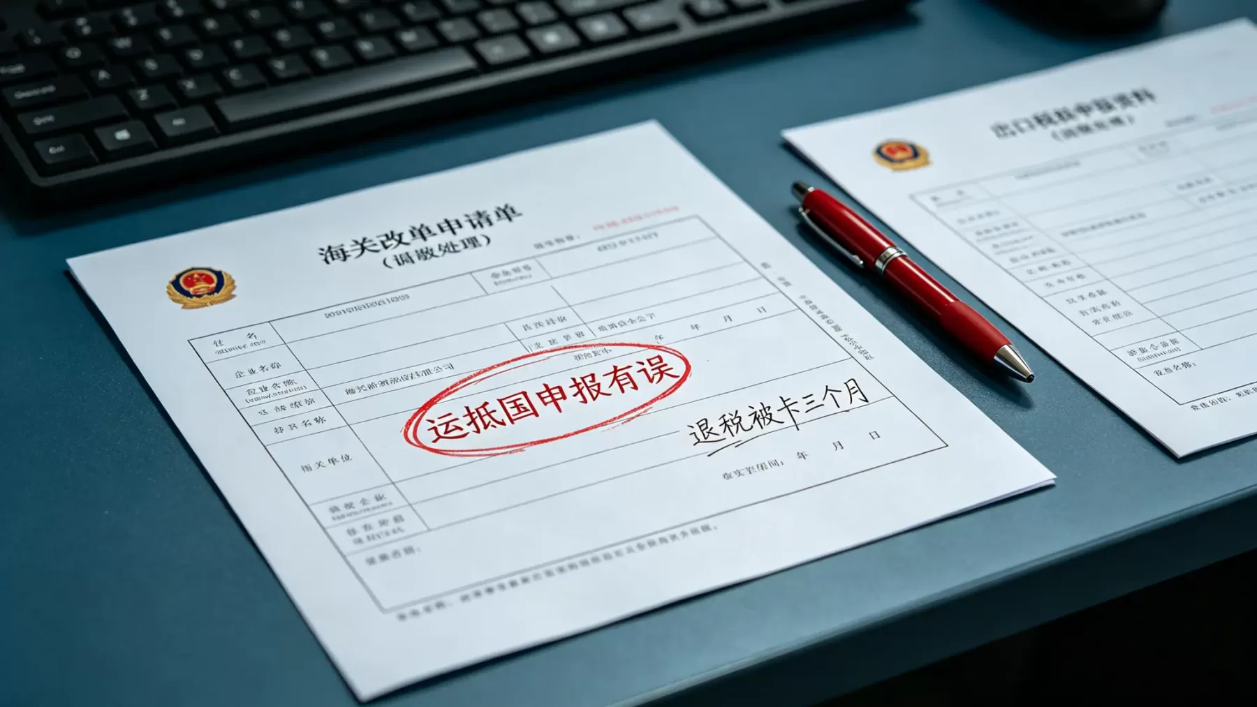 运抵国填错货放行了再改更麻烦,退税被卡三个月,主动改比被稽查发现好得多 海关改单申请单实拍,运抵国申报有误红圈标注,退税被卡