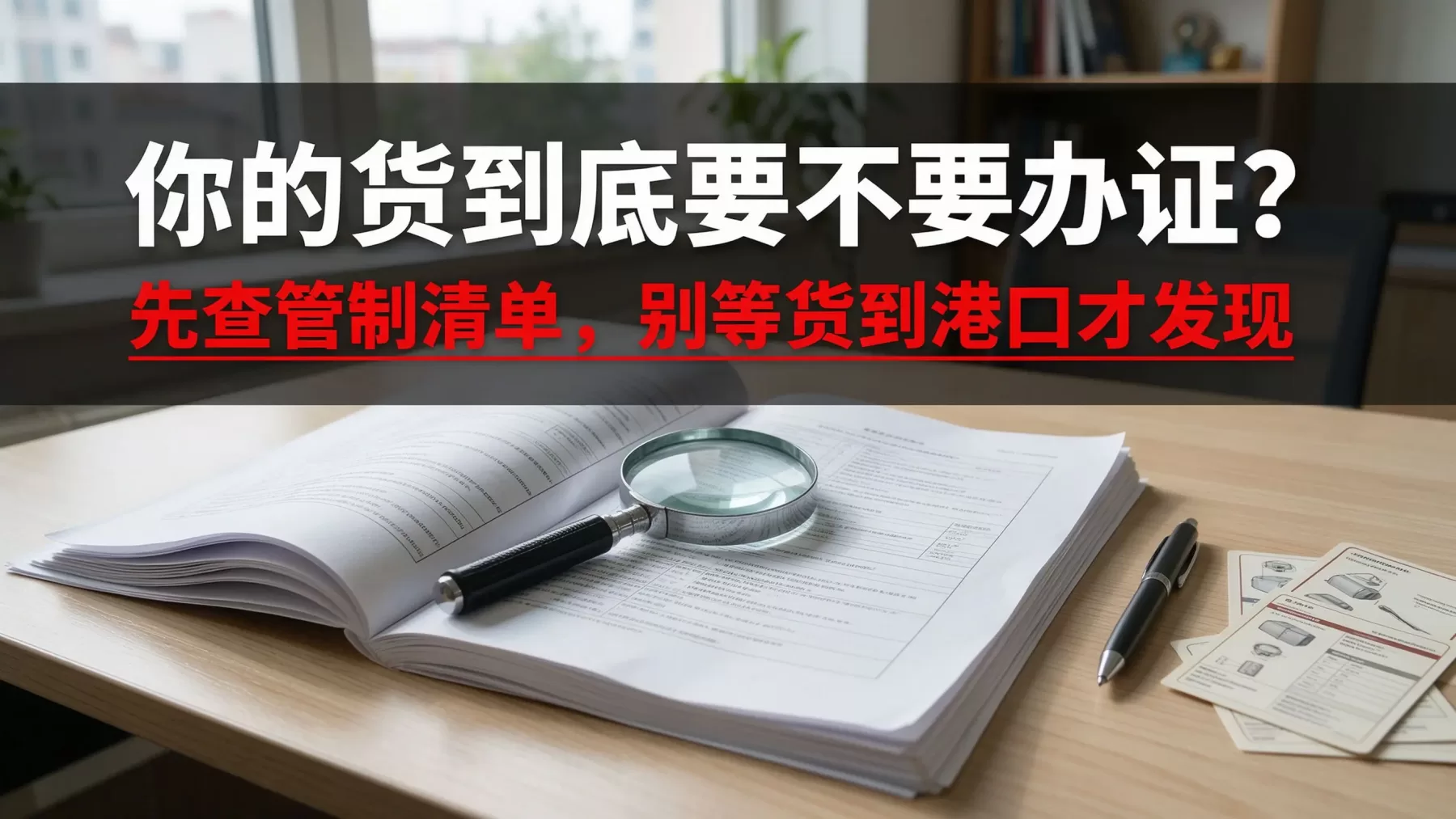 两用物项出口许可证办理，管制清单文件放大镜办公桌面实拍