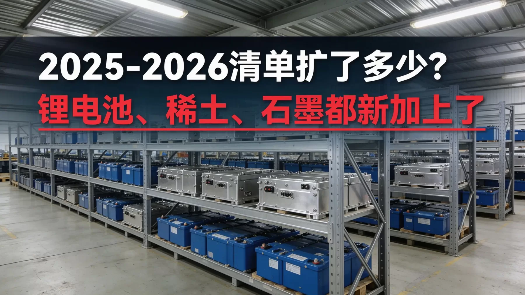 2025-2026 年清单扩了多少?锂电池、稀土、石墨都新加上了 出口限制商品清单 2026 新变化,锂电池仓库实景